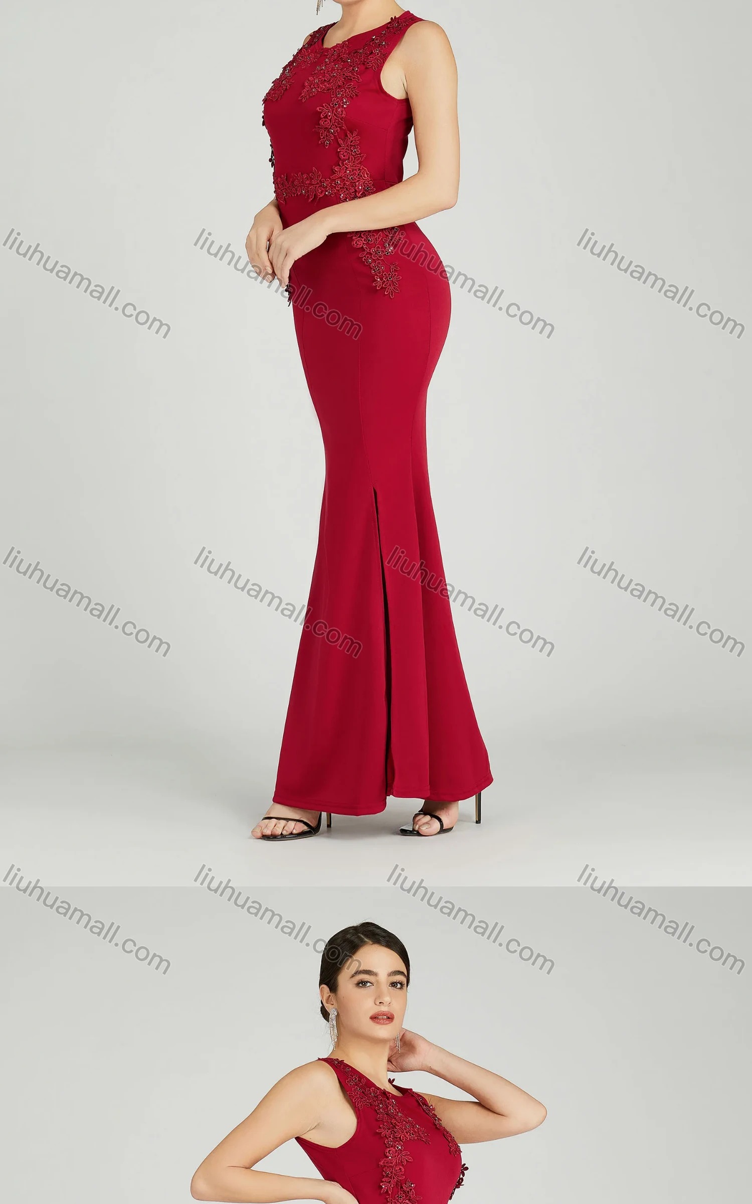 Wholesale Women's Elegant Sleeveless Sequin Applique Mermaid Split Hem Evening Dress 5029# - Liuhuamall