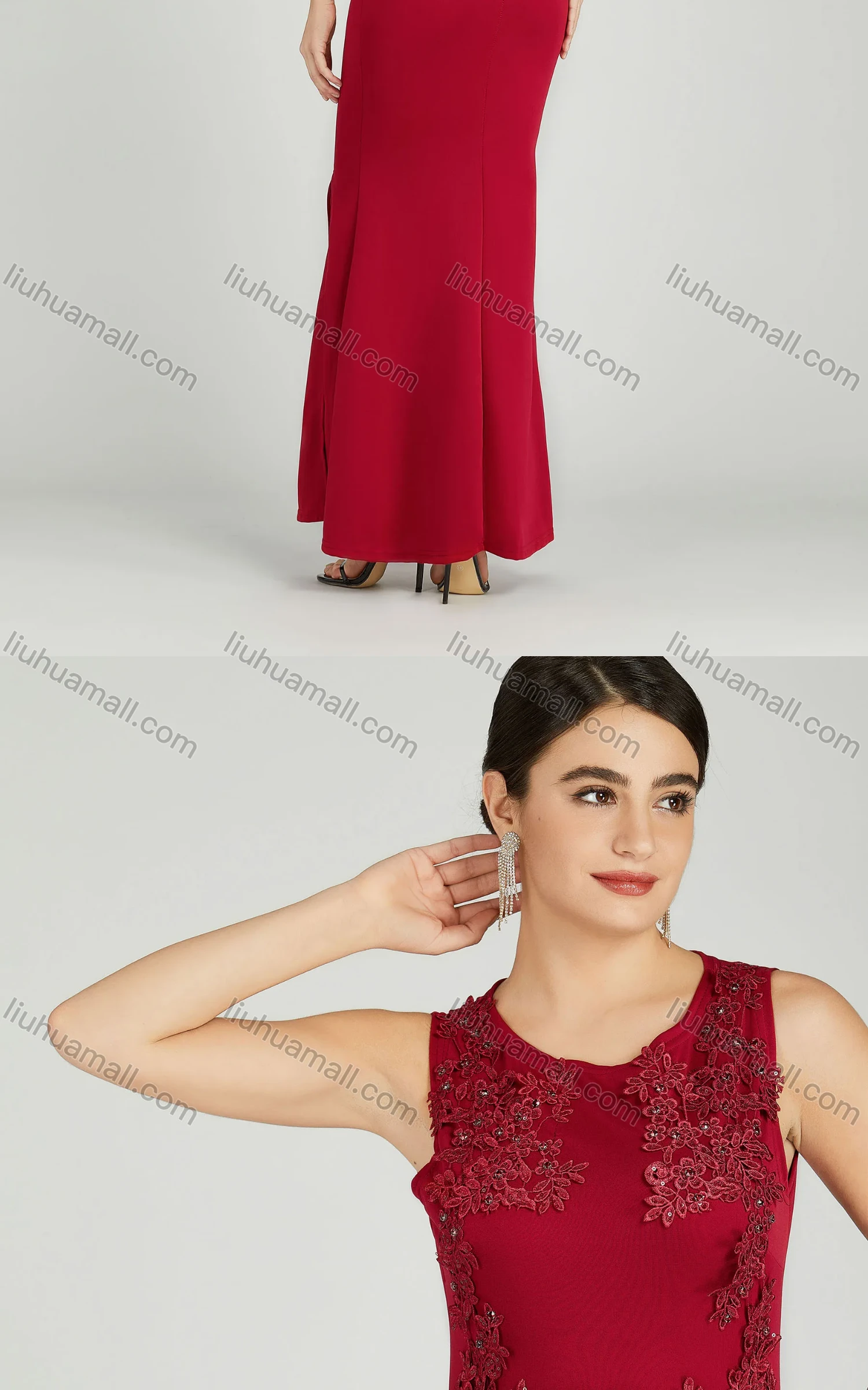 Wholesale Women's Elegant Sleeveless Sequin Applique Mermaid Split Hem Evening Dress 5029# - Liuhuamall