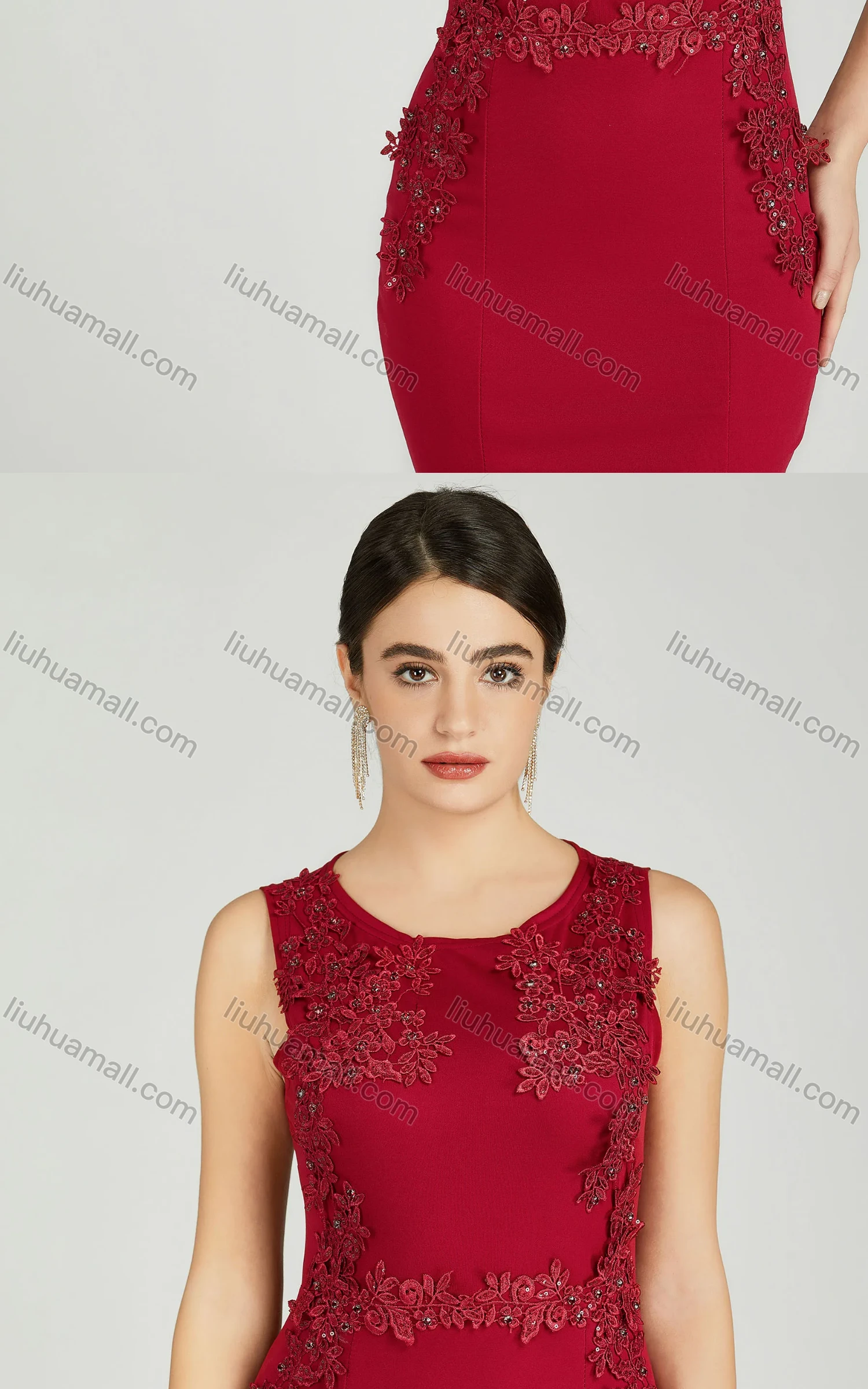 Wholesale Women's Elegant Sleeveless Sequin Applique Mermaid Split Hem Evening Dress 5029# - Liuhuamall