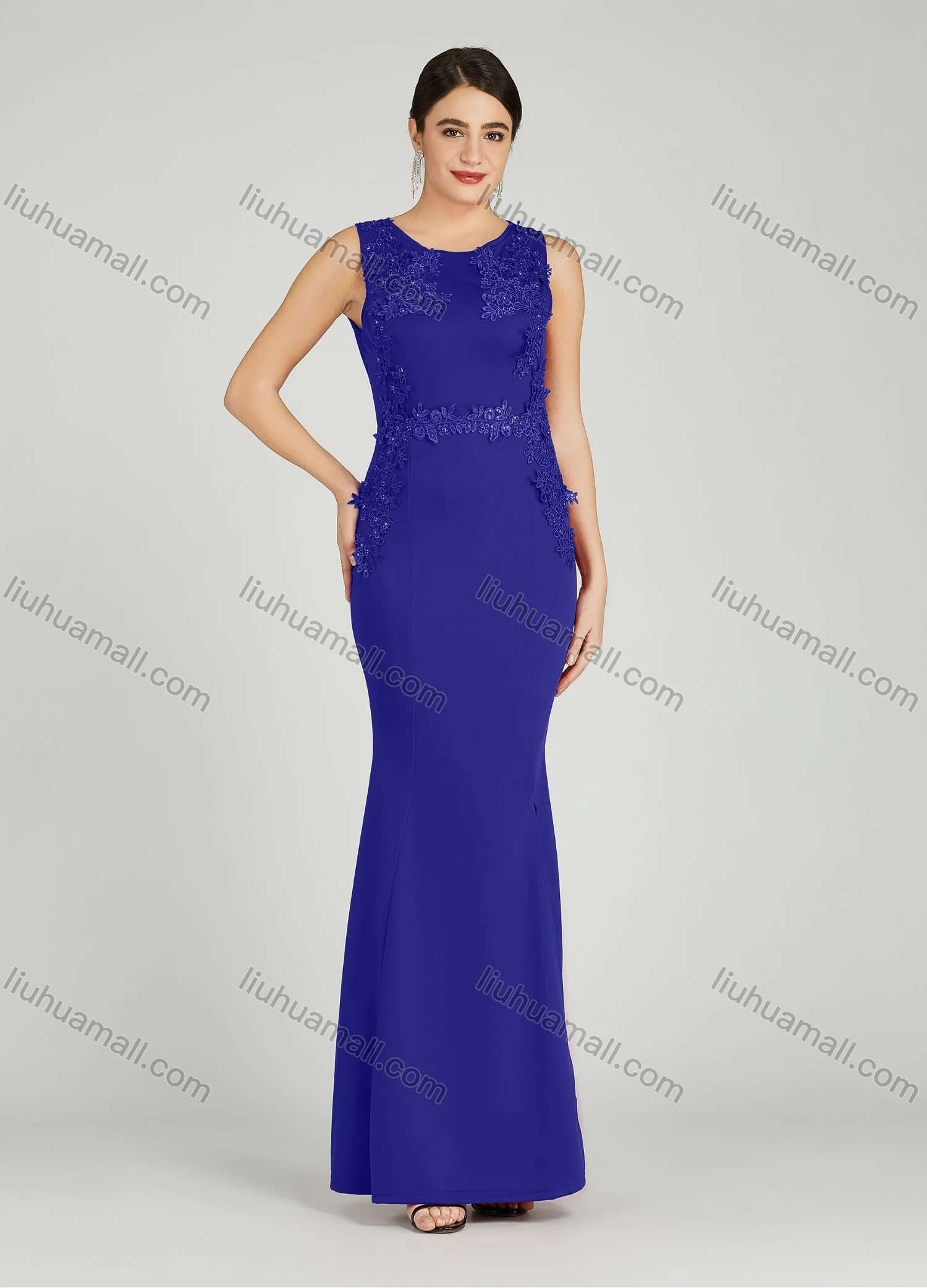 Wholesale Women's Elegant Sleeveless Sequin Applique Mermaid Split Hem Evening Dress 5029# - Liuhuamall