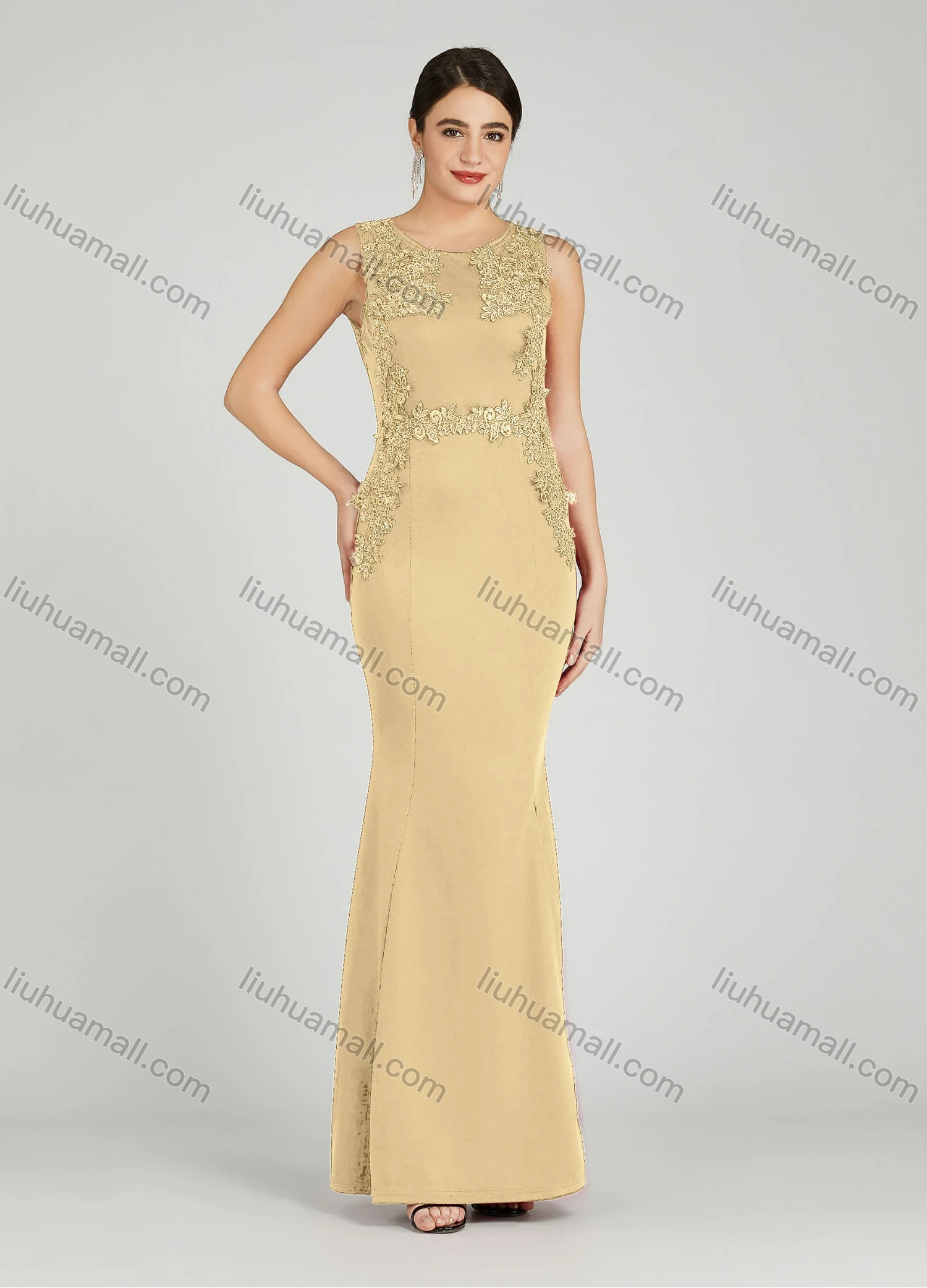 Wholesale Women's Elegant Sleeveless Sequin Applique Mermaid Split Hem Evening Dress 5029# - Liuhuamall
