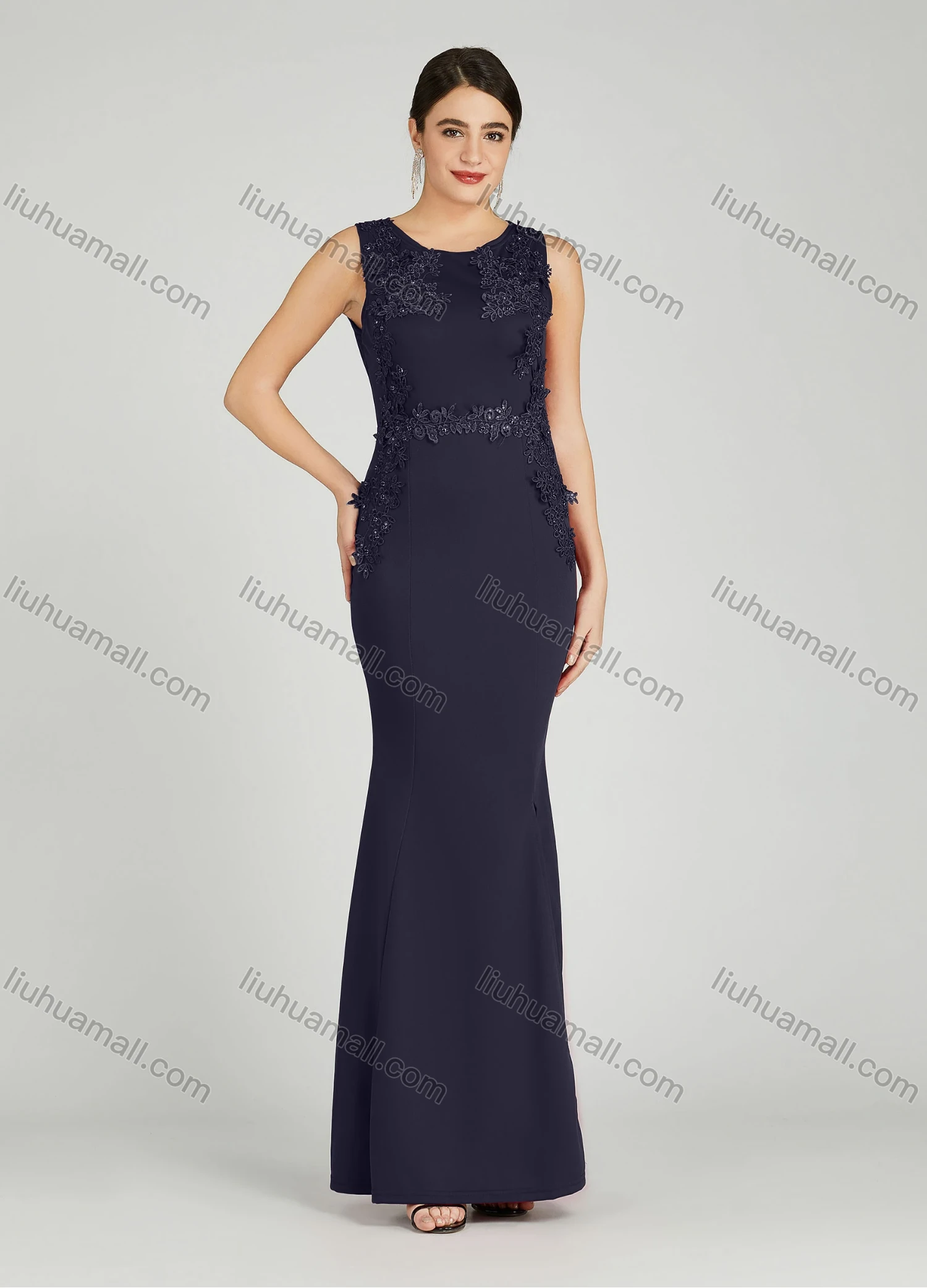 Wholesale Women's Elegant Sleeveless Sequin Applique Mermaid Split Hem Evening Dress 5029# - Liuhuamall