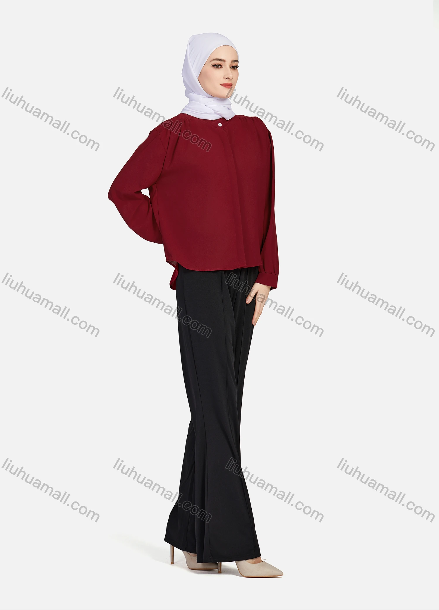 Wholesale Women's Casual Plain Mock Neck Long Sleeve Ruched High Low Hem Button Down Crop Top 1417# - Liuhuamall