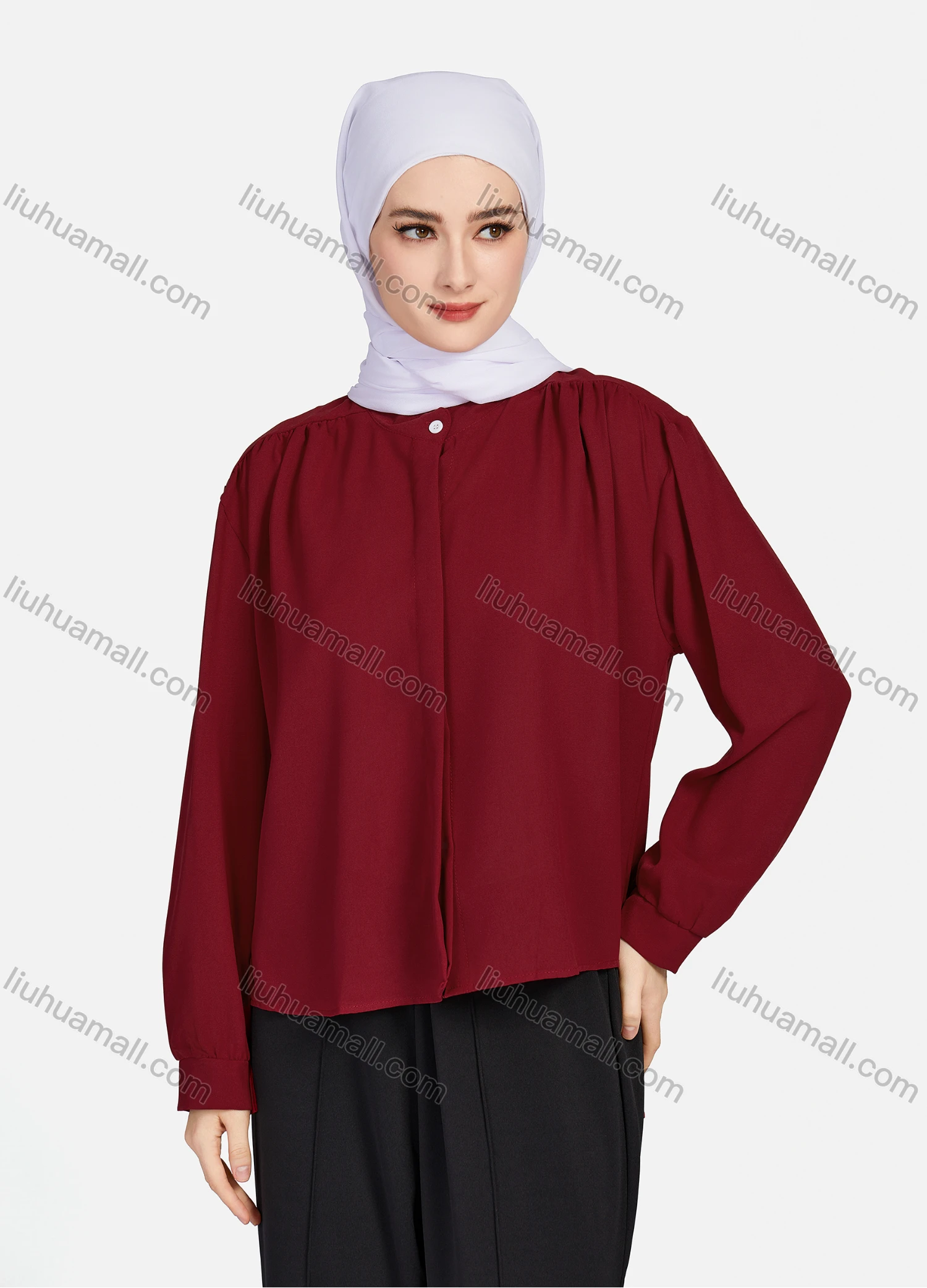 Wholesale Women's Casual Plain Mock Neck Long Sleeve Ruched High Low Hem Button Down Crop Top 1417# - Liuhuamall