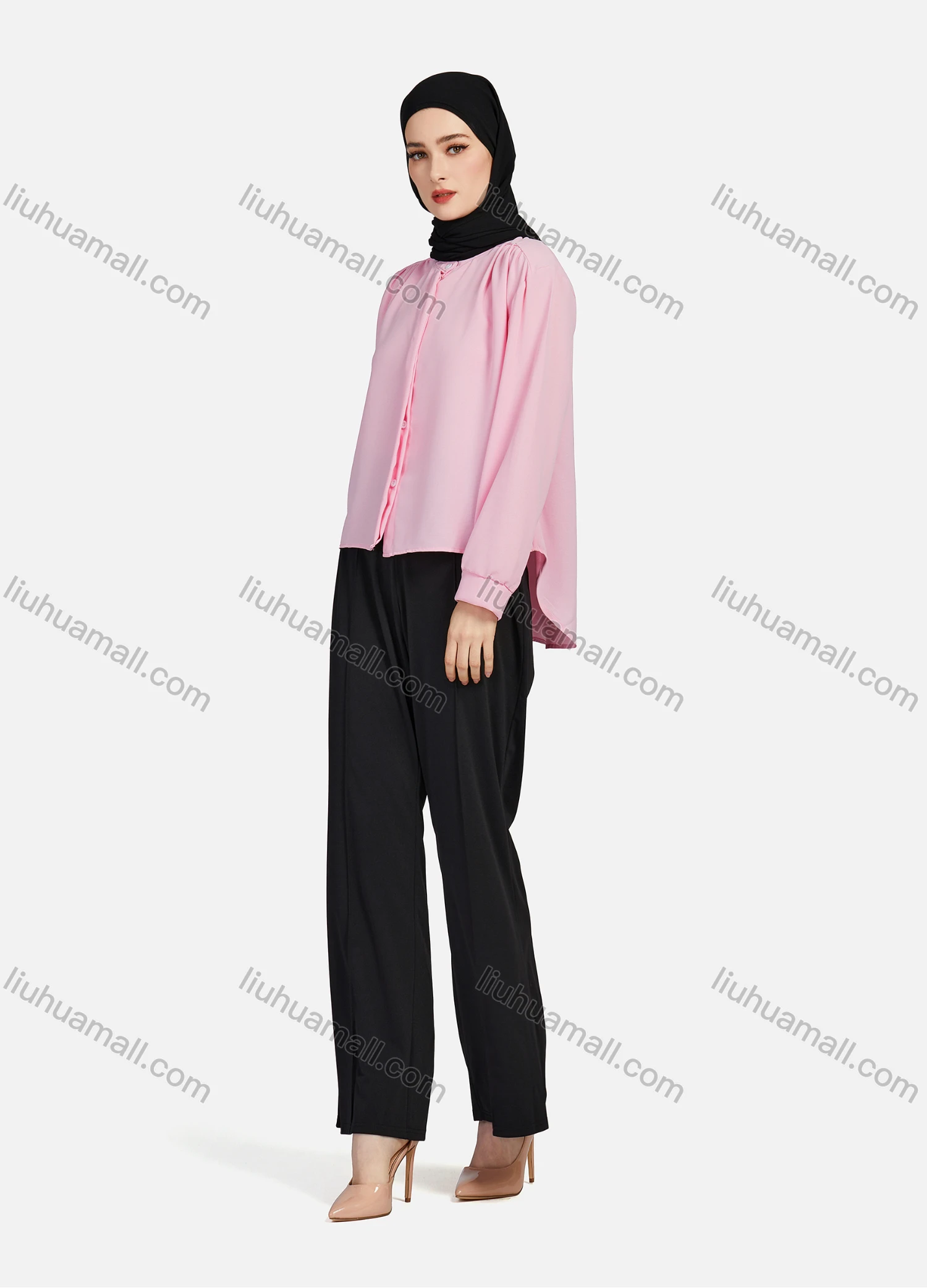 Wholesale Women's Casual Plain Mock Neck Long Sleeve Ruched High Low Hem Button Down Crop Top 1417# - Liuhuamall