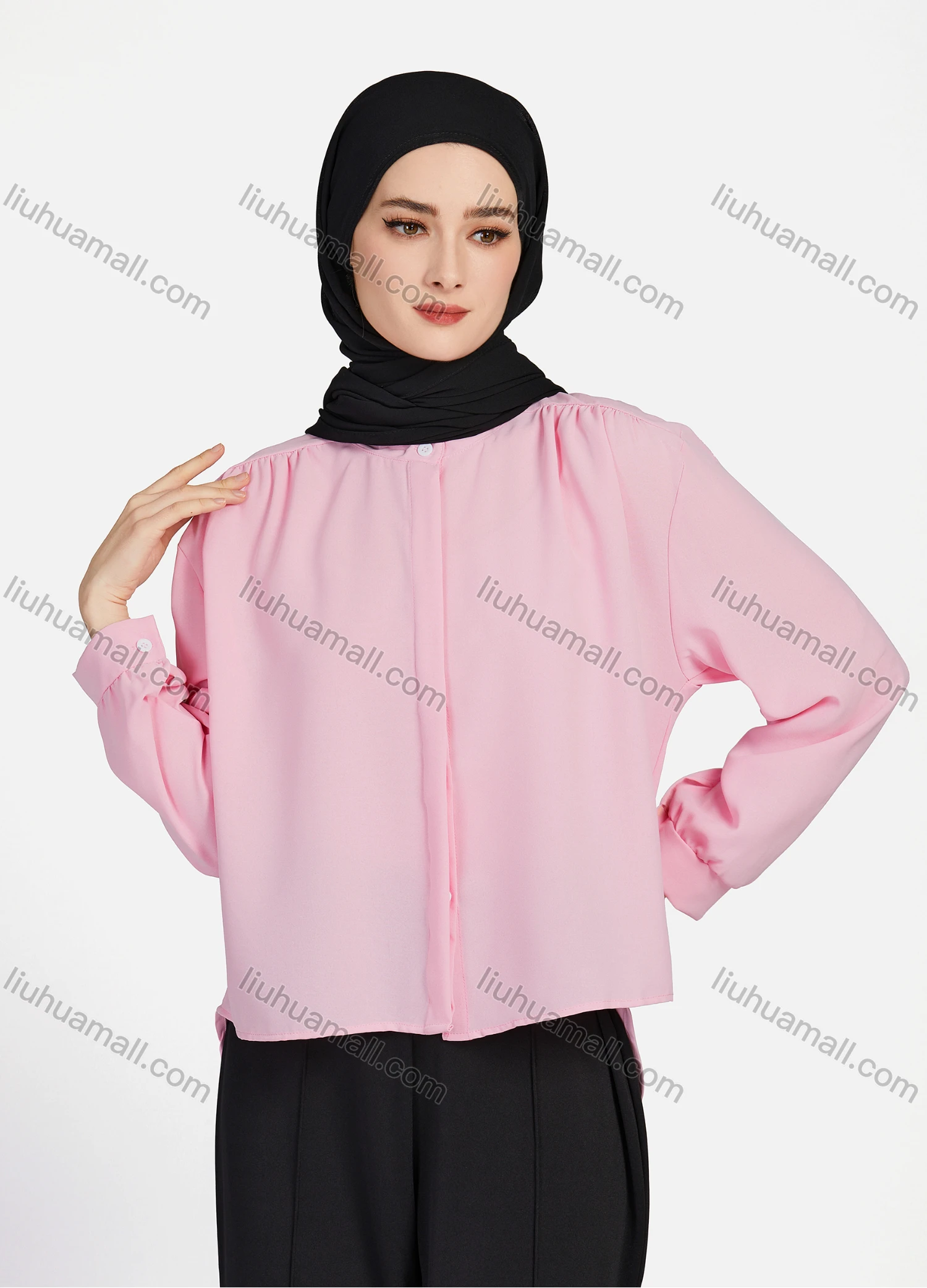 Wholesale Women's Casual Plain Mock Neck Long Sleeve Ruched High Low Hem Button Down Crop Top 1417# - Liuhuamall