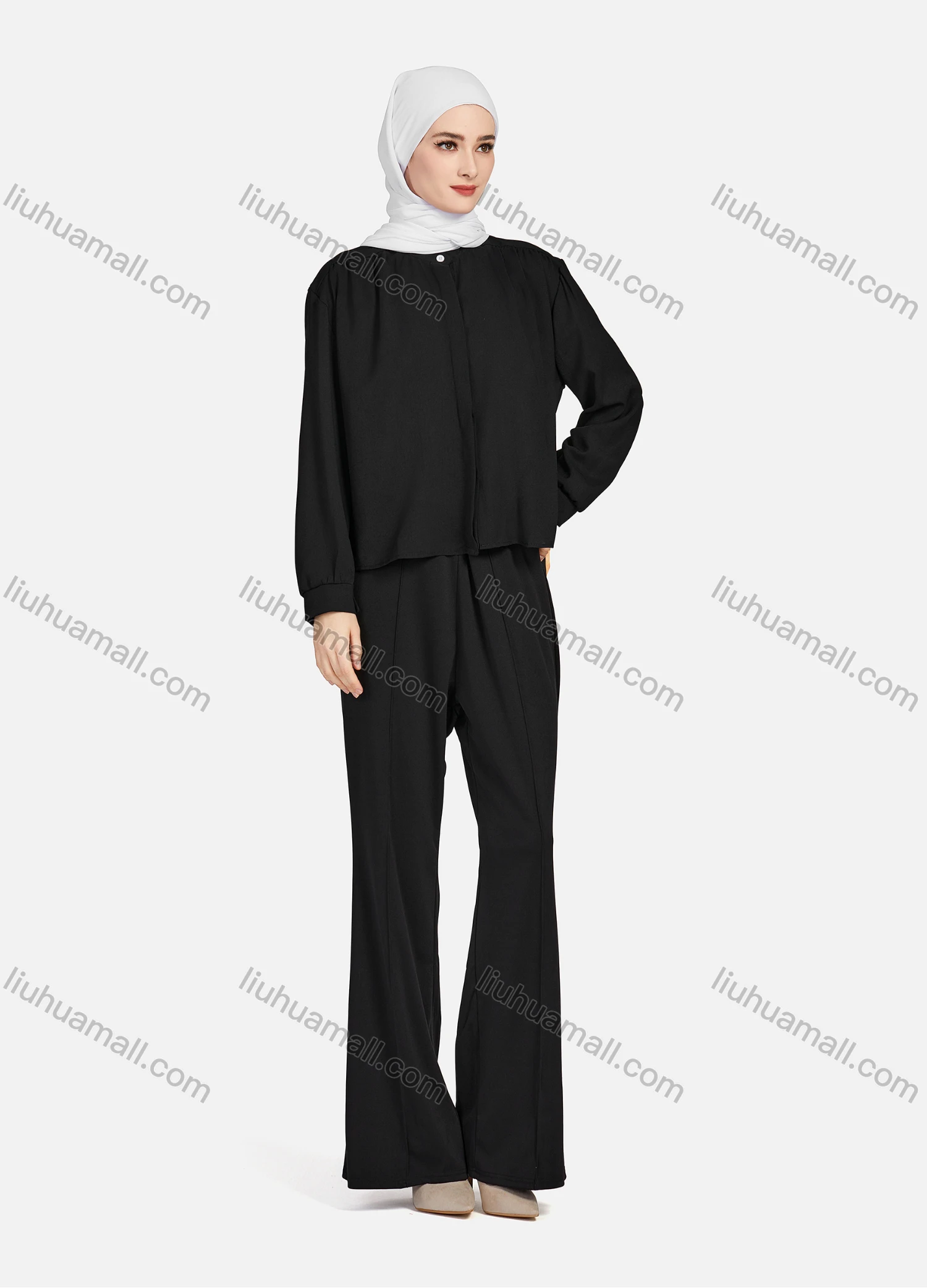 Wholesale Women's Casual Plain Mock Neck Long Sleeve Ruched High Low Hem Button Down Crop Top 1417# - Liuhuamall