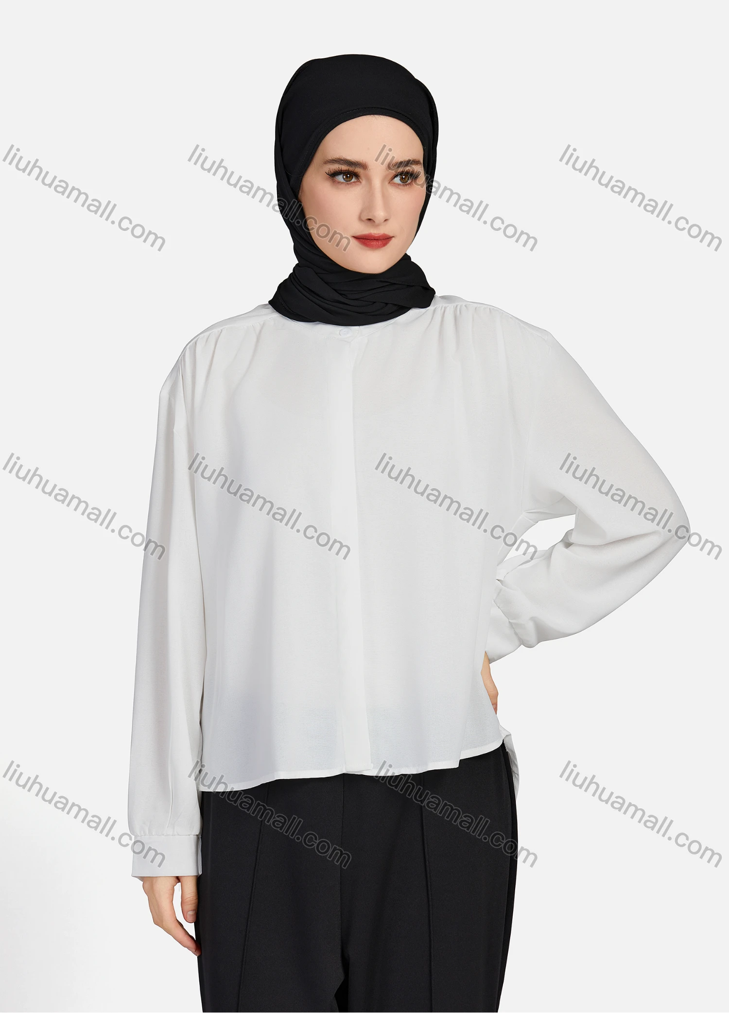 Wholesale Women's Casual Plain Mock Neck Long Sleeve Ruched High Low Hem Button Down Crop Top 1417# - Liuhuamall