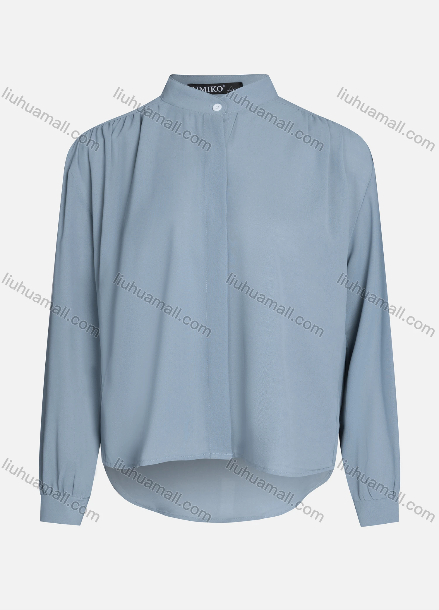 Wholesale Women's Casual Plain Mock Neck Long Sleeve Ruched High Low Hem Button Down Crop Top 1417# - Liuhuamall