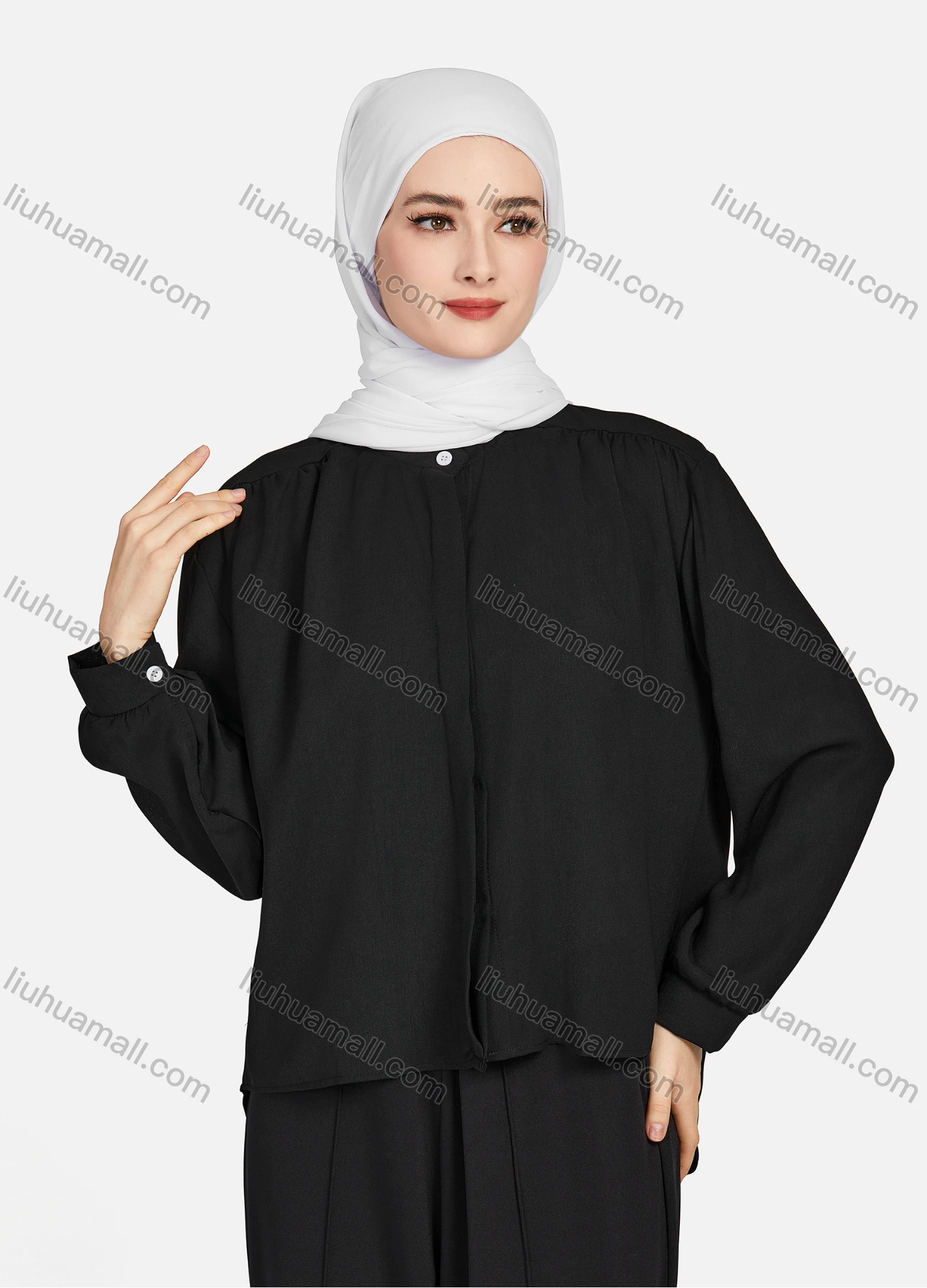 Wholesale Women's Casual Plain Mock Neck Long Sleeve Ruched High Low Hem Button Down Crop Top 1417# - Liuhuamall