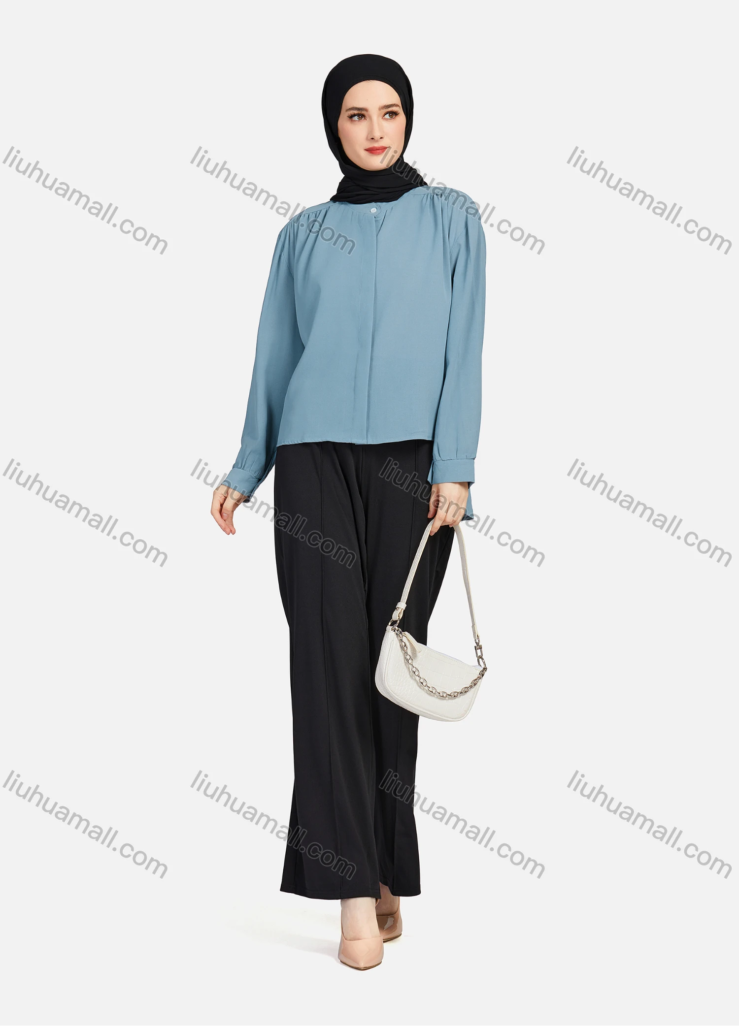 Wholesale Women's Casual Plain Mock Neck Long Sleeve Ruched High Low Hem Button Down Crop Top 1417# - Liuhuamall