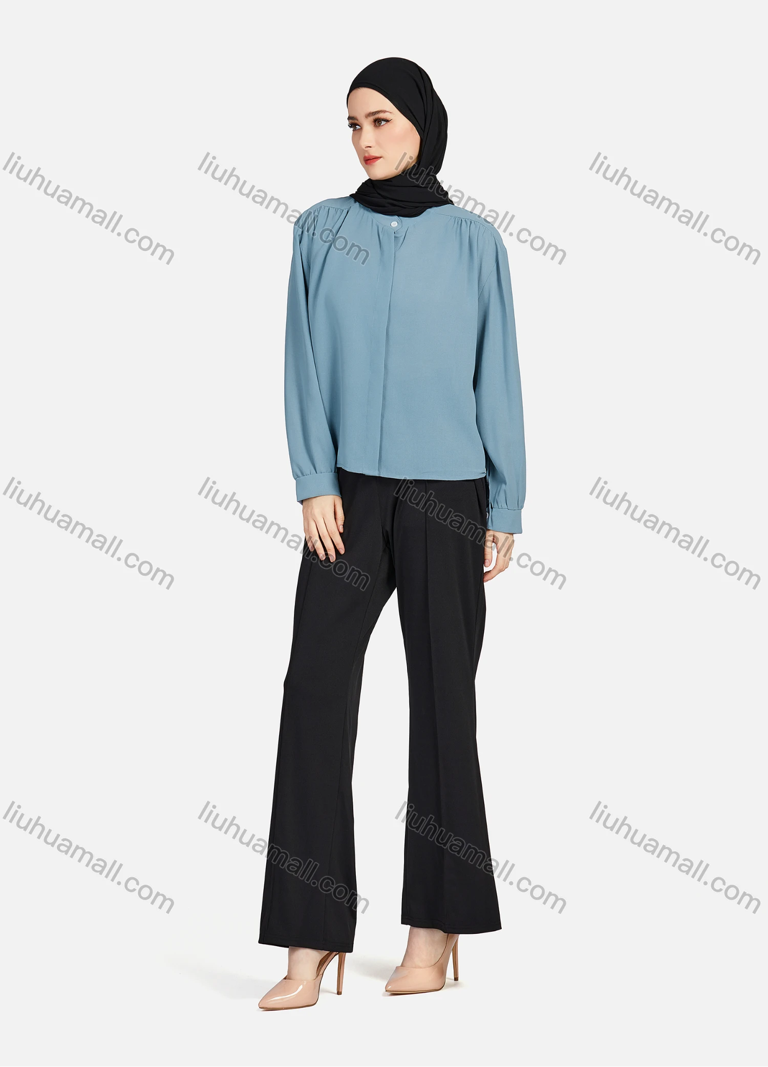 Wholesale Women's Casual Plain Mock Neck Long Sleeve Ruched High Low Hem Button Down Crop Top 1417# - Liuhuamall