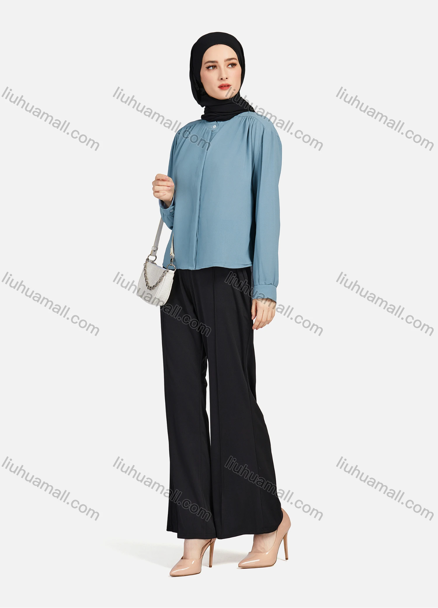 Wholesale Women's Casual Plain Mock Neck Long Sleeve Ruched High Low Hem Button Down Crop Top 1417# - Liuhuamall