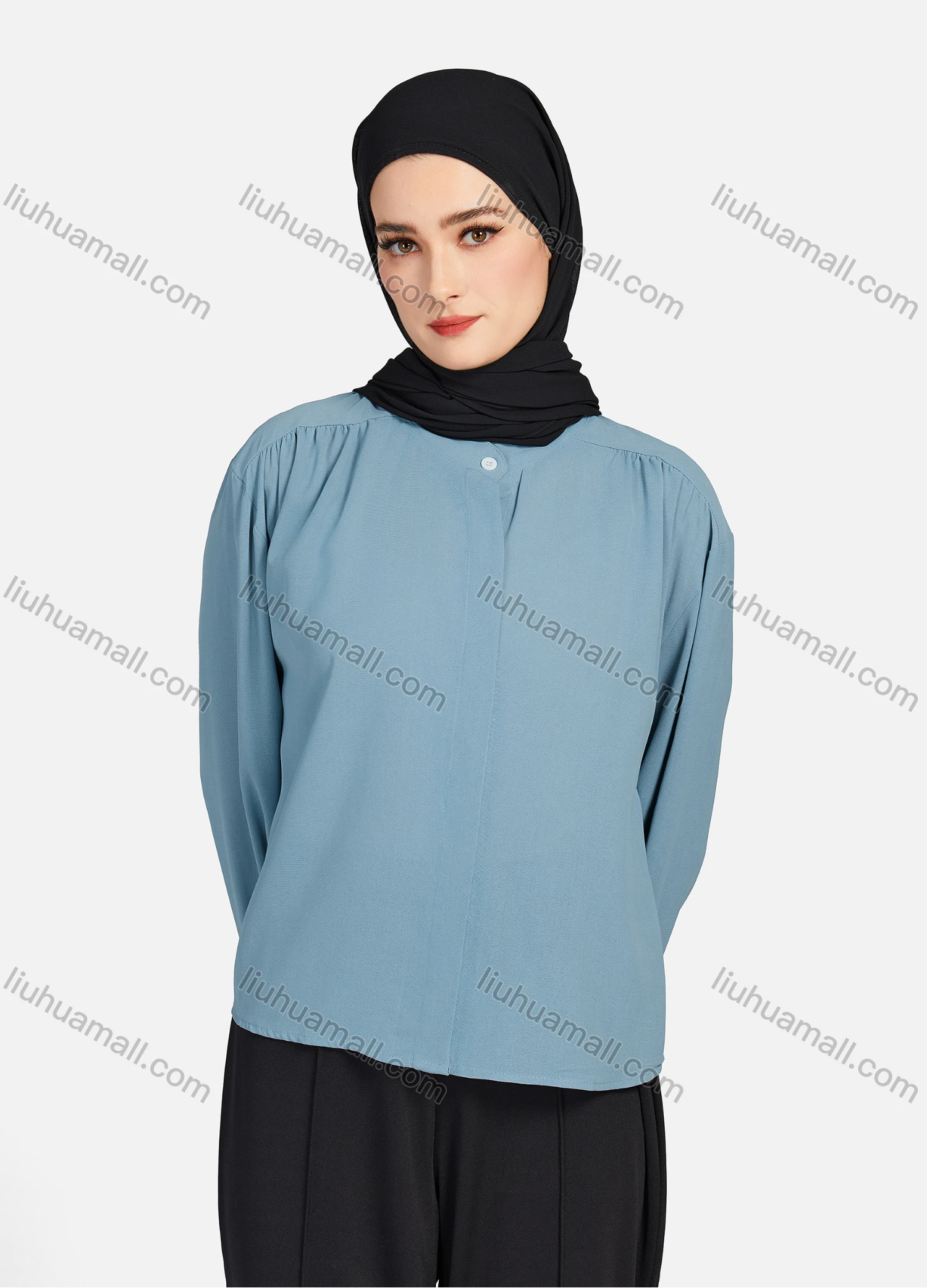 Wholesale Women's Casual Plain Mock Neck Long Sleeve Ruched High Low Hem Button Down Crop Top 1417# - Liuhuamall