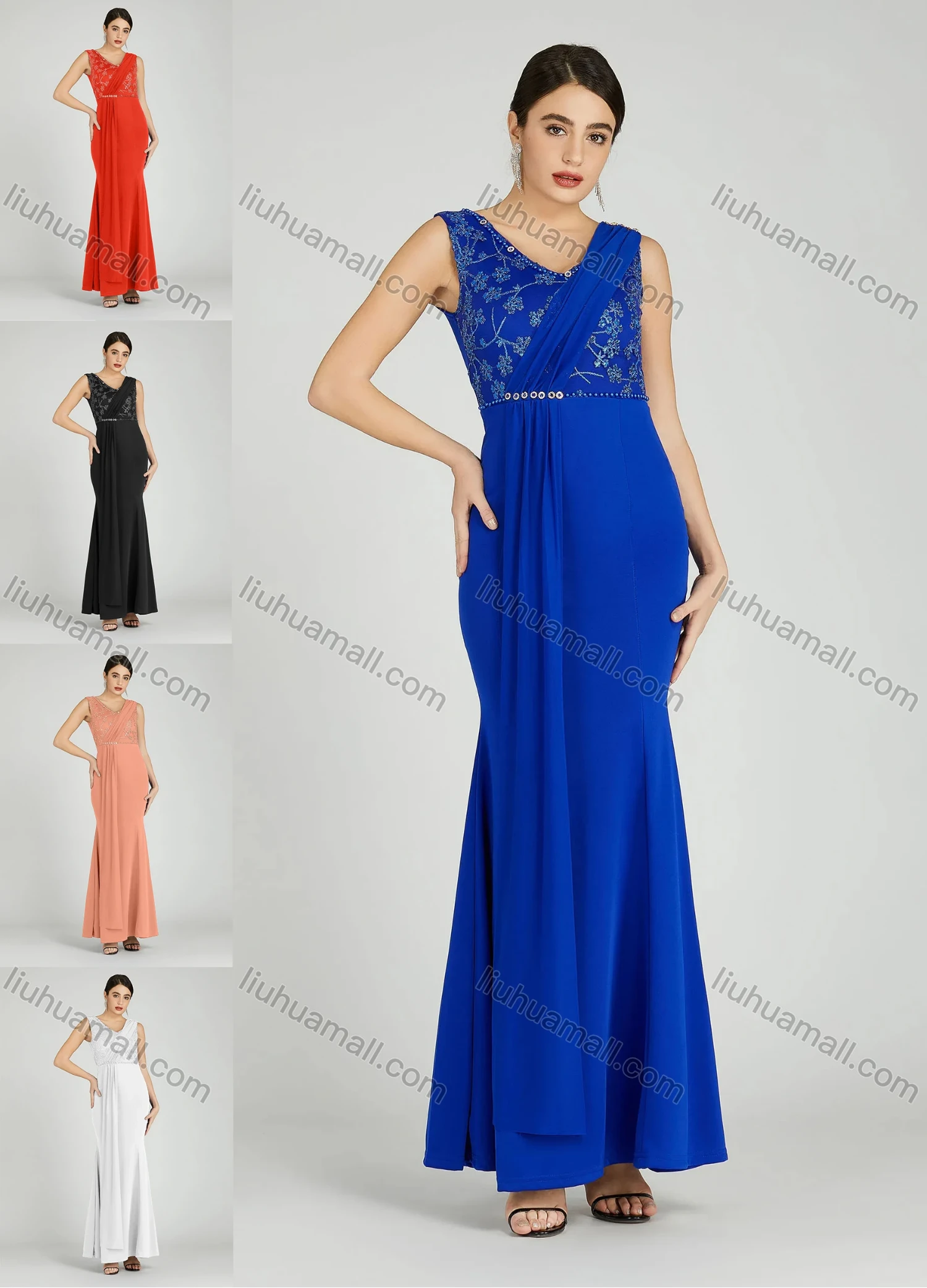 Wholesale Women's Elegant Sleeveless Sequin Applique Pearl Decor Mermaid Evening Dress 5035# - Liuhuamall