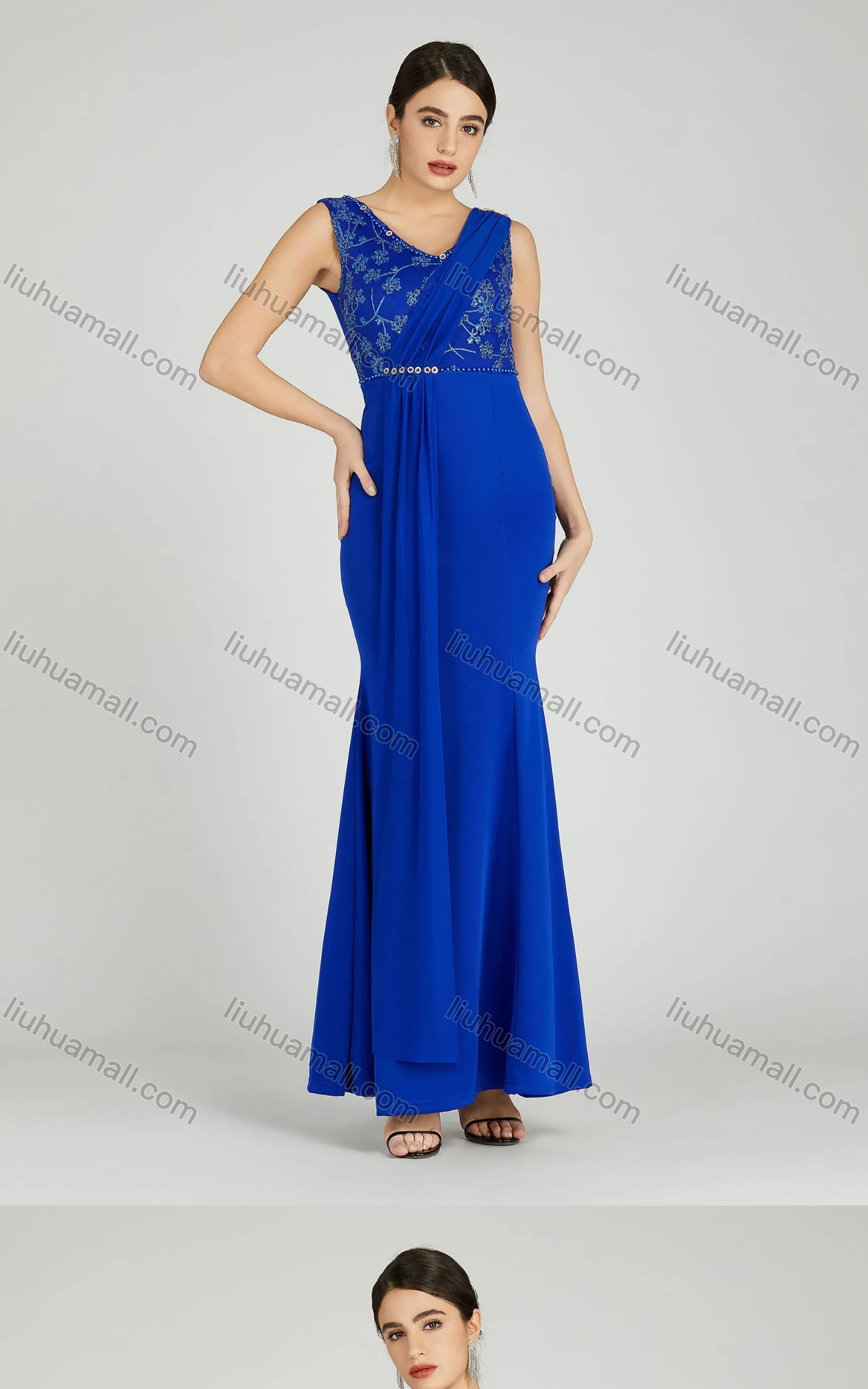 Wholesale Women's Elegant Sleeveless Sequin Applique Pearl Decor Mermaid Evening Dress 5035# - Liuhuamall