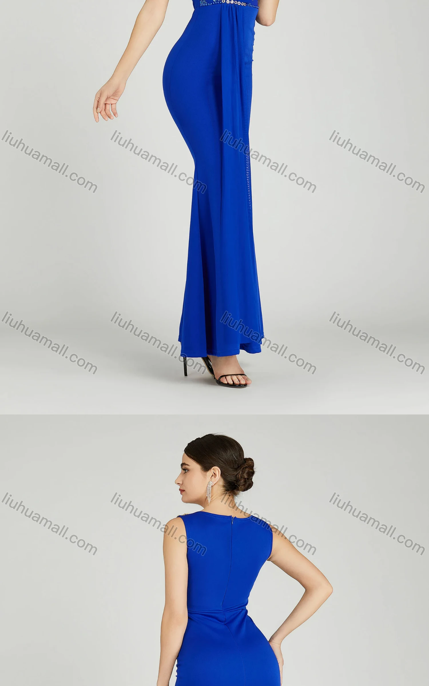 Wholesale Women's Elegant Sleeveless Sequin Applique Pearl Decor Mermaid Evening Dress 5035# - Liuhuamall