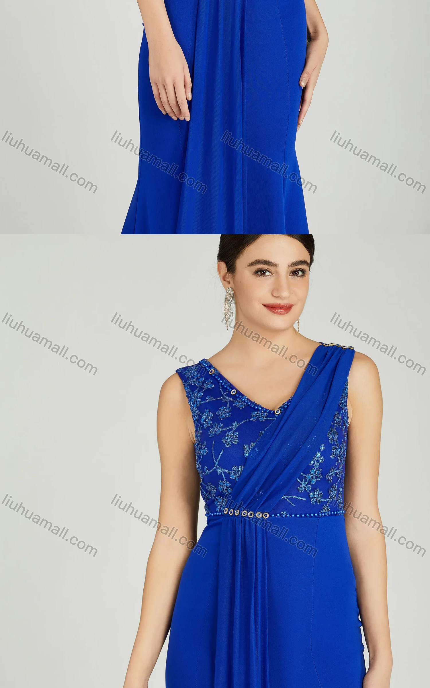 Wholesale Women's Elegant Sleeveless Sequin Applique Pearl Decor Mermaid Evening Dress 5035# - Liuhuamall