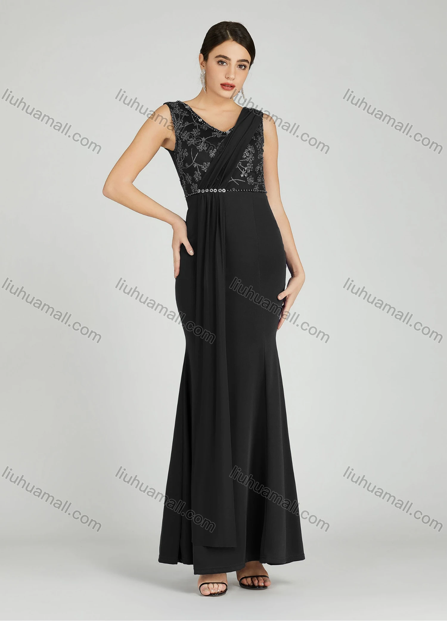 Wholesale Women's Elegant Sleeveless Sequin Applique Pearl Decor Mermaid Evening Dress 5035# - Liuhuamall