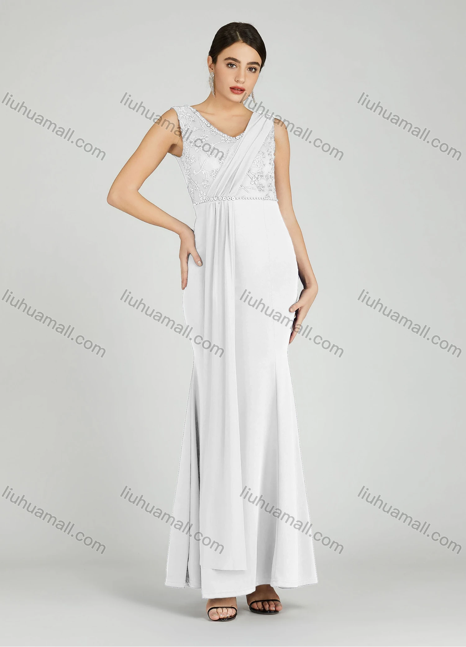 Wholesale Women's Elegant Sleeveless Sequin Applique Pearl Decor Mermaid Evening Dress 5035# - Liuhuamall