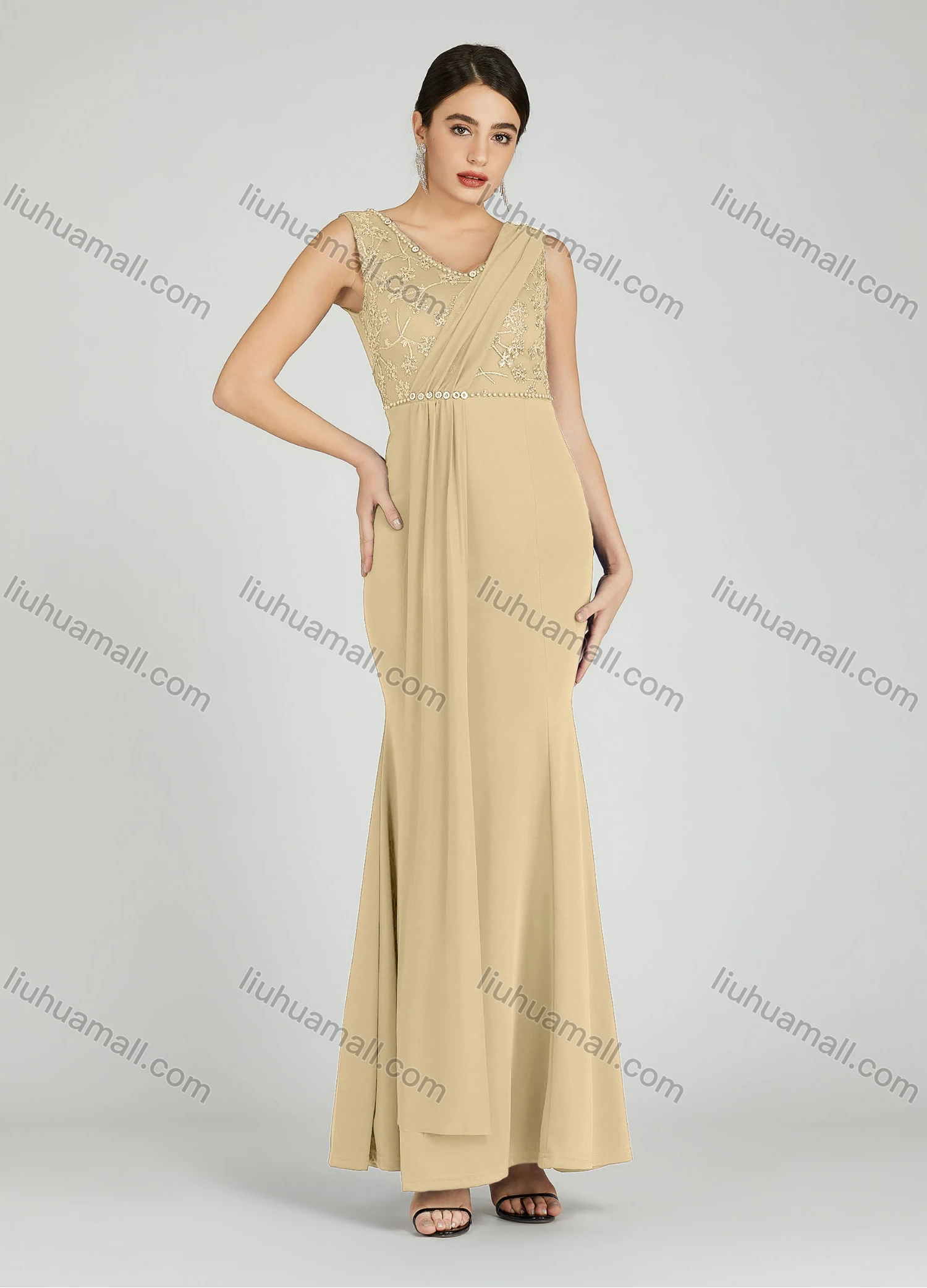 Wholesale Women's Elegant Sleeveless Sequin Applique Pearl Decor Mermaid Evening Dress 5035# - Liuhuamall