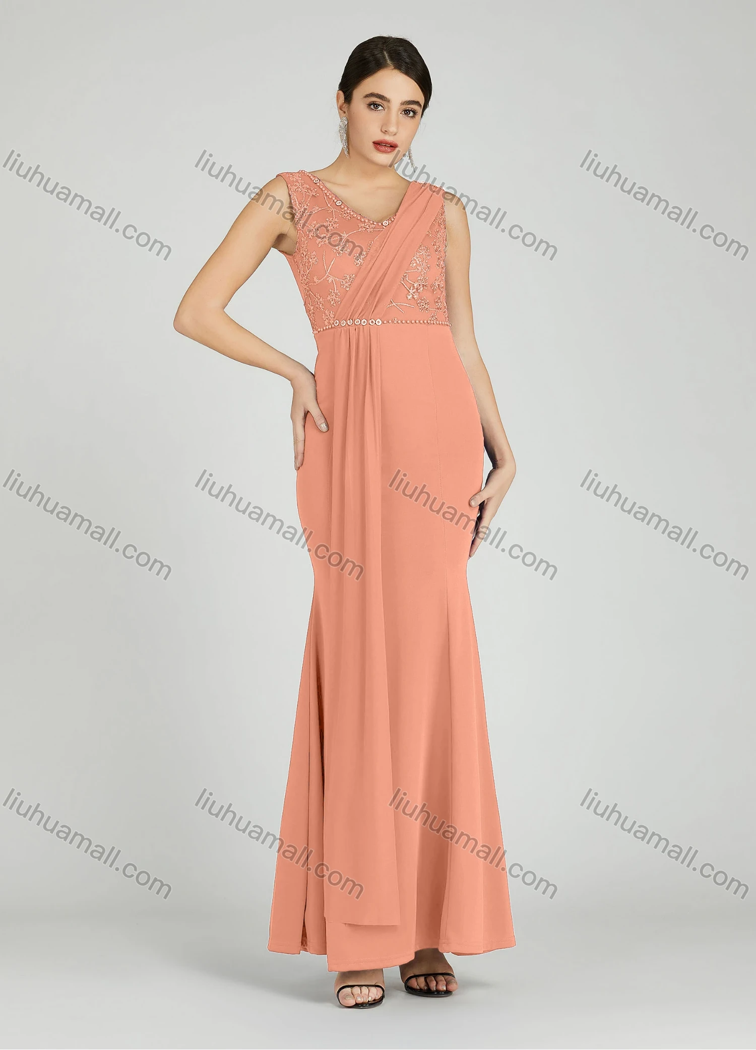 Wholesale Women's Elegant Sleeveless Sequin Applique Pearl Decor Mermaid Evening Dress 5035# - Liuhuamall