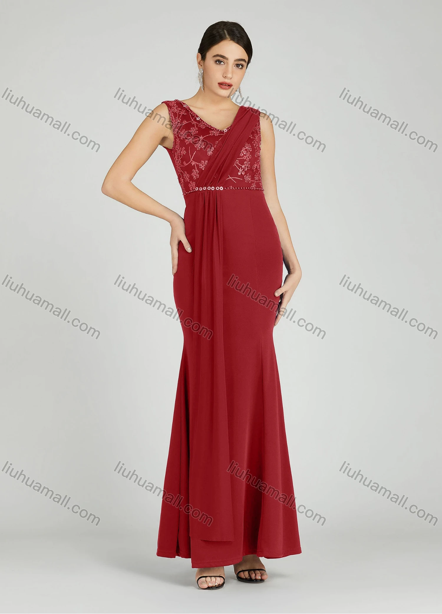 Wholesale Women's Elegant Sleeveless Sequin Applique Pearl Decor Mermaid Evening Dress 5035# - Liuhuamall