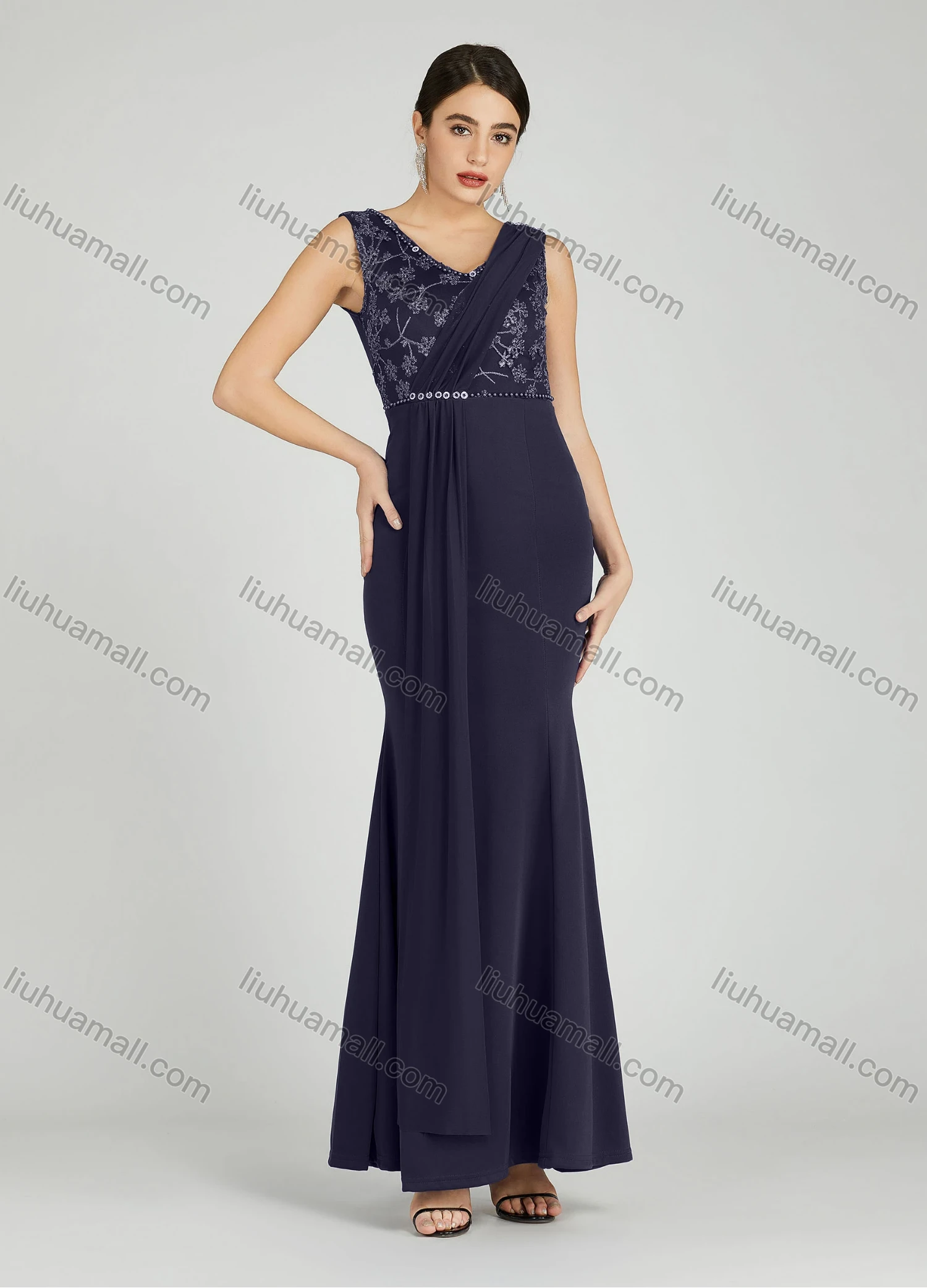 Wholesale Women's Elegant Sleeveless Sequin Applique Pearl Decor Mermaid Evening Dress 5035# - Liuhuamall
