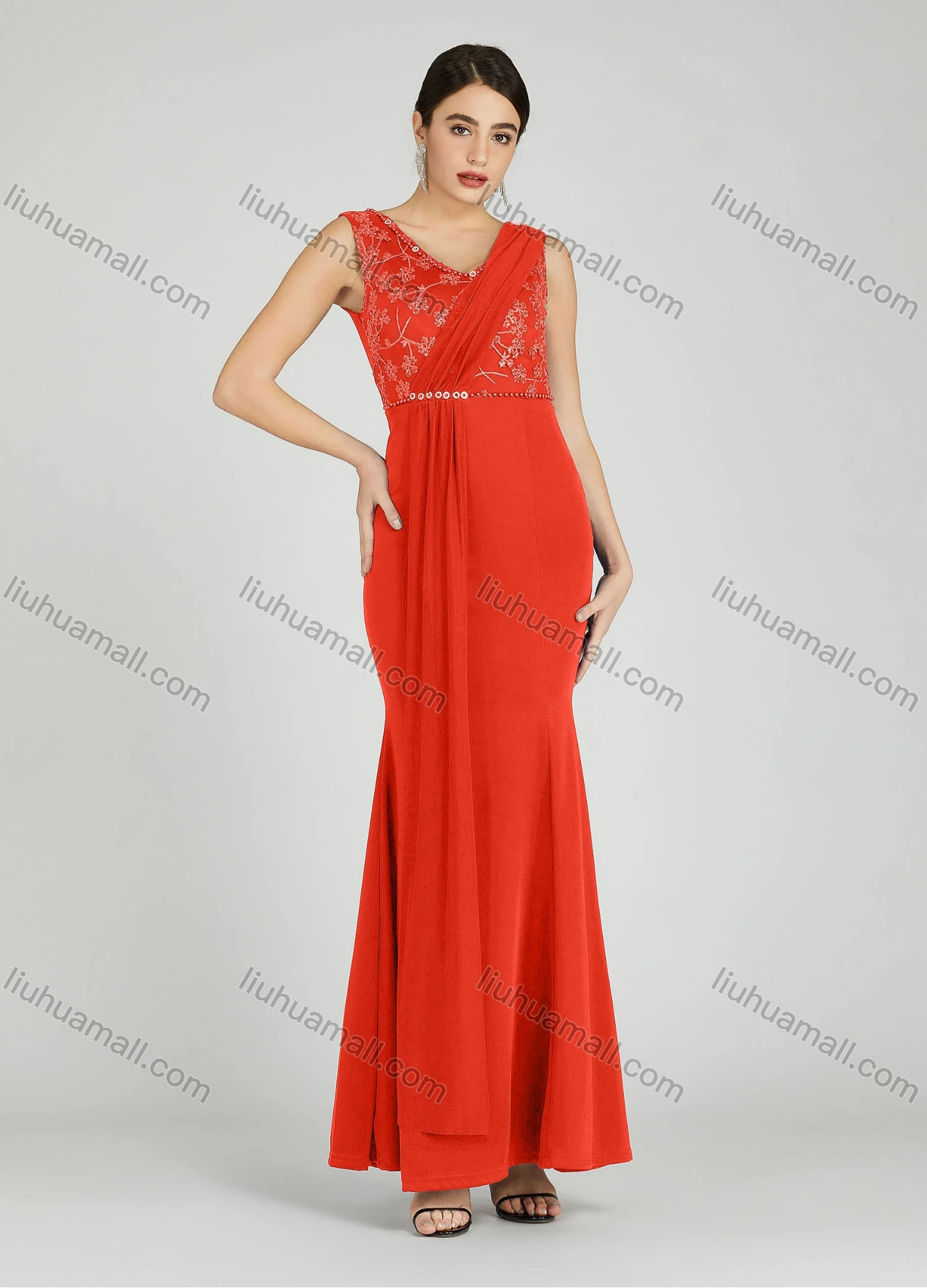 Wholesale Women's Elegant Sleeveless Sequin Applique Pearl Decor Mermaid Evening Dress 5035# - Liuhuamall