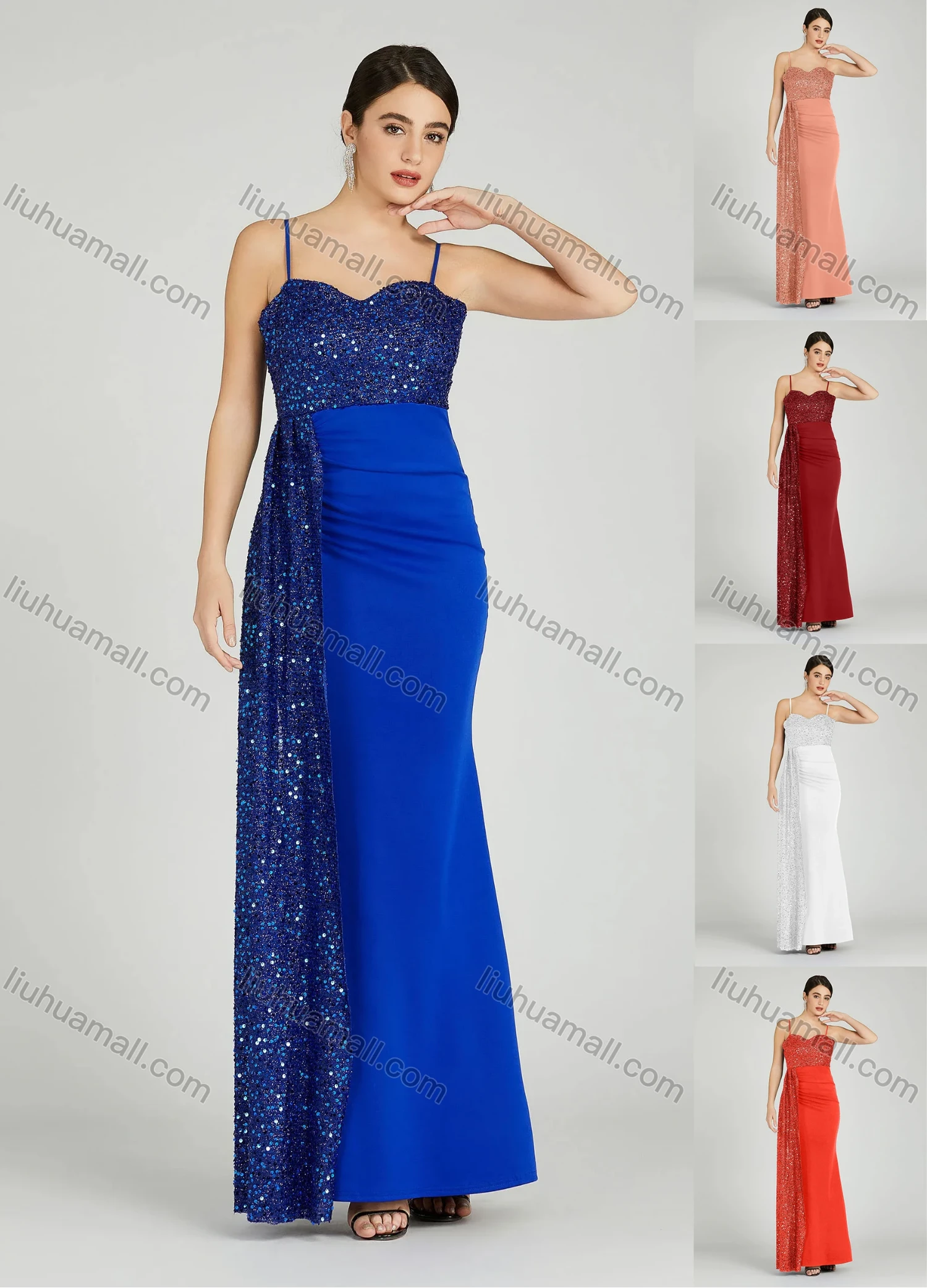 Wholesale Women's Elegant Sleeveless Spaghetti Strap Sequin Mermaid Evening Dress 5051# - Liuhuamall