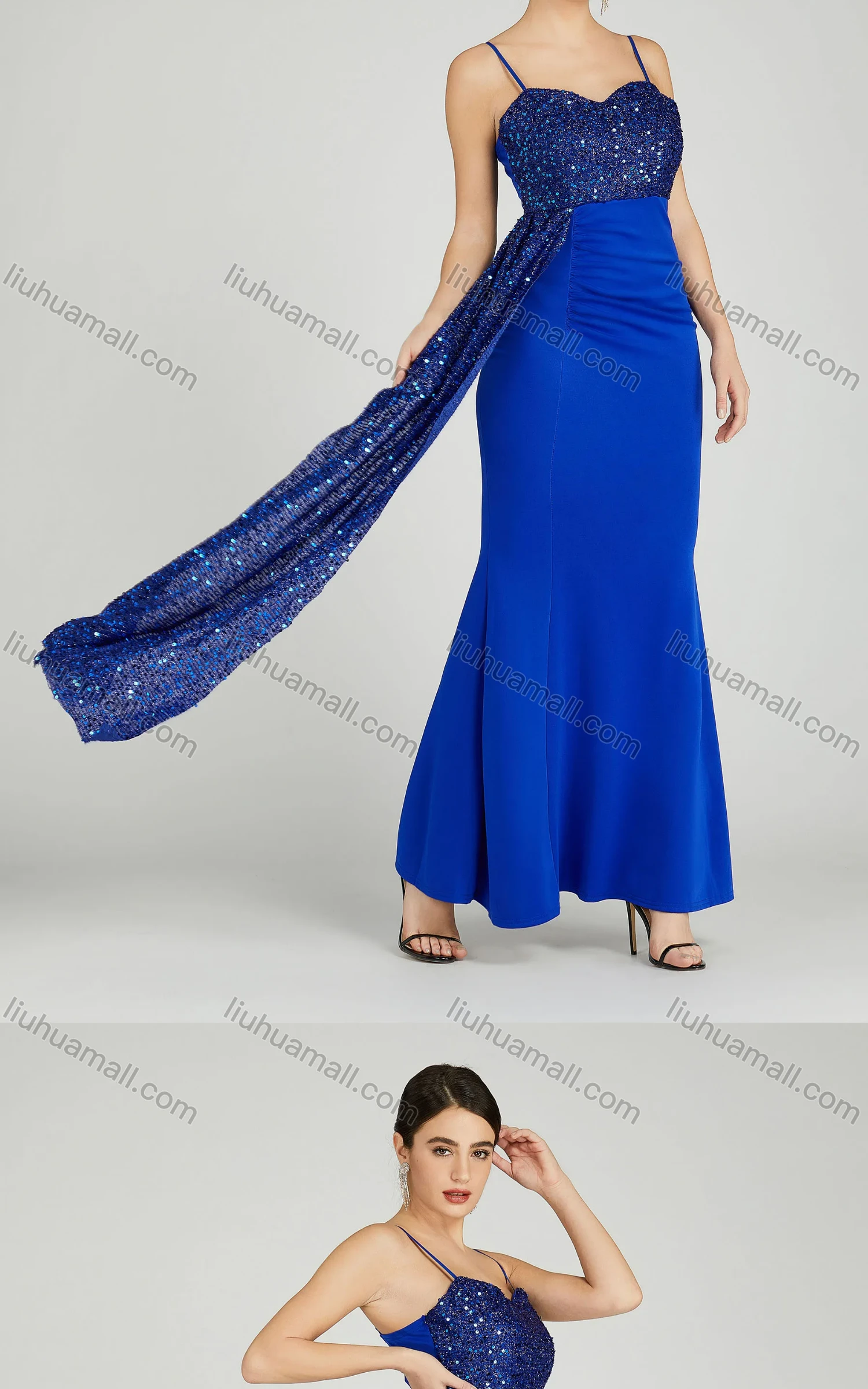 Wholesale Women's Elegant Sleeveless Spaghetti Strap Sequin Mermaid Evening Dress 5051# - Liuhuamall