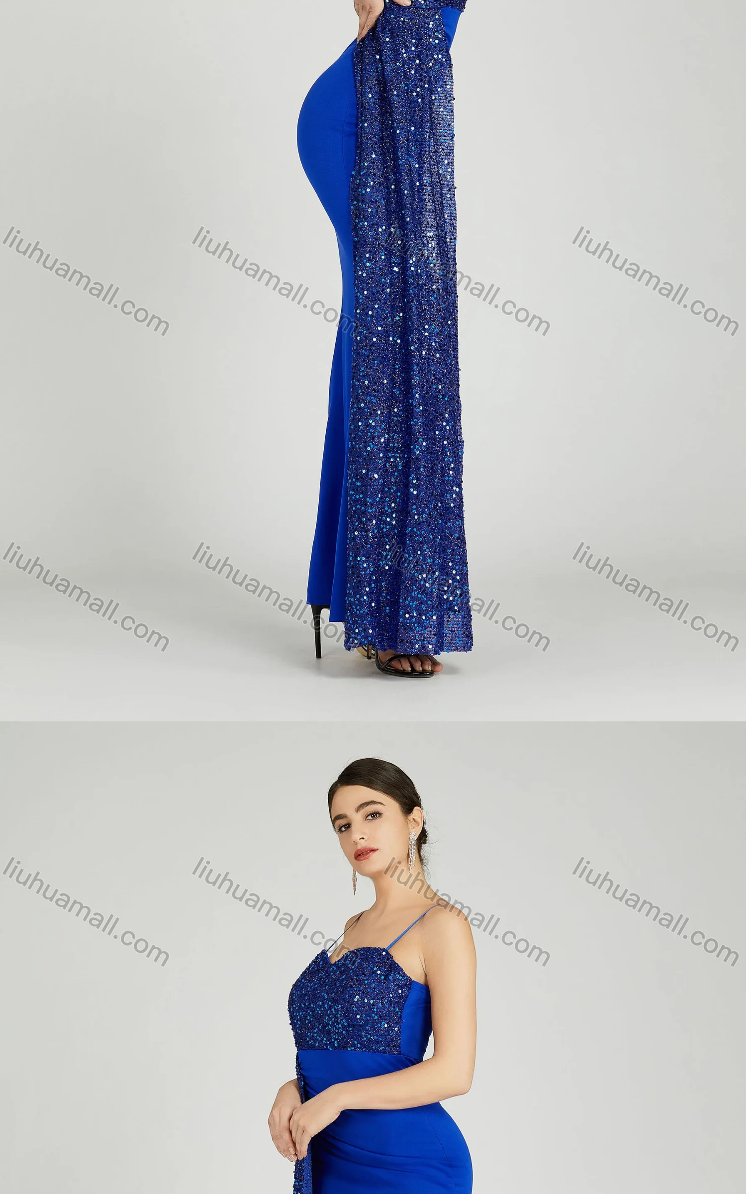 Wholesale Women's Elegant Sleeveless Spaghetti Strap Sequin Mermaid Evening Dress 5051# - Liuhuamall
