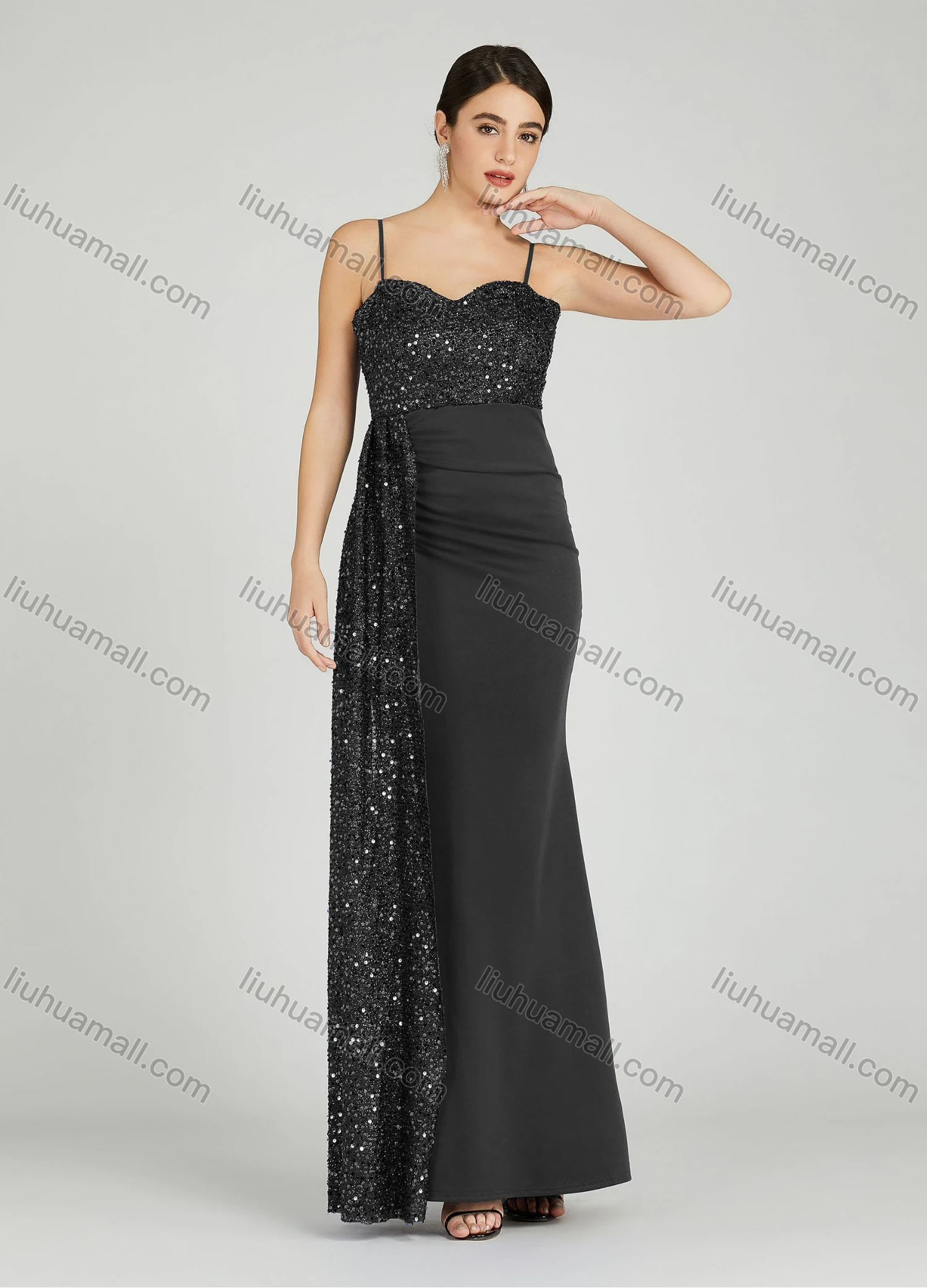 Wholesale Women's Elegant Sleeveless Spaghetti Strap Sequin Mermaid Evening Dress 5051# - Liuhuamall
