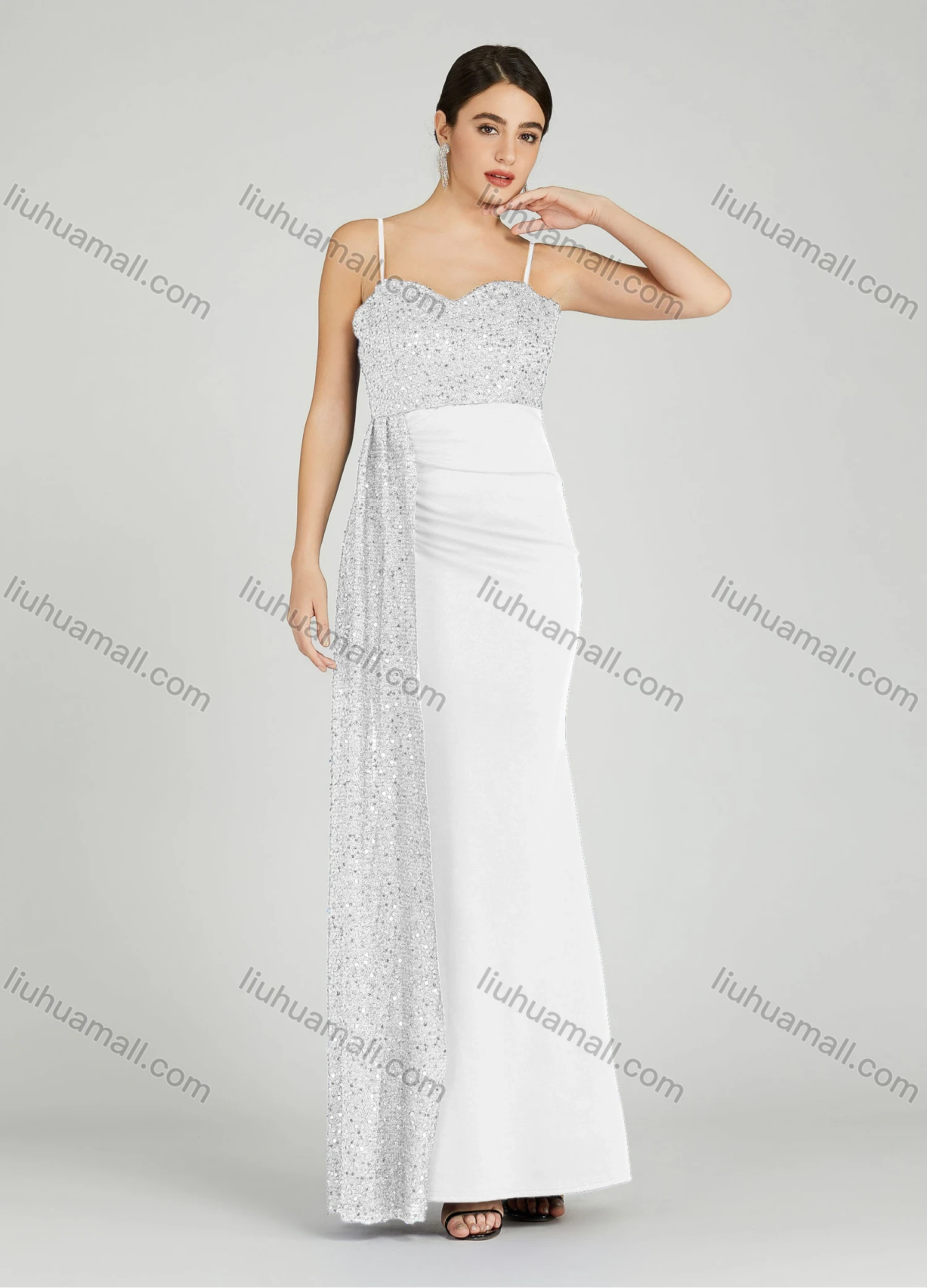Wholesale Women's Elegant Sleeveless Spaghetti Strap Sequin Mermaid Evening Dress 5051# - Liuhuamall