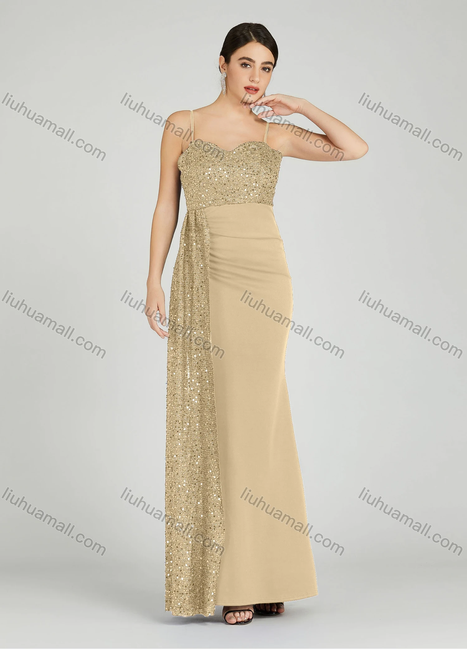 Wholesale Women's Elegant Sleeveless Spaghetti Strap Sequin Mermaid Evening Dress 5051# - Liuhuamall