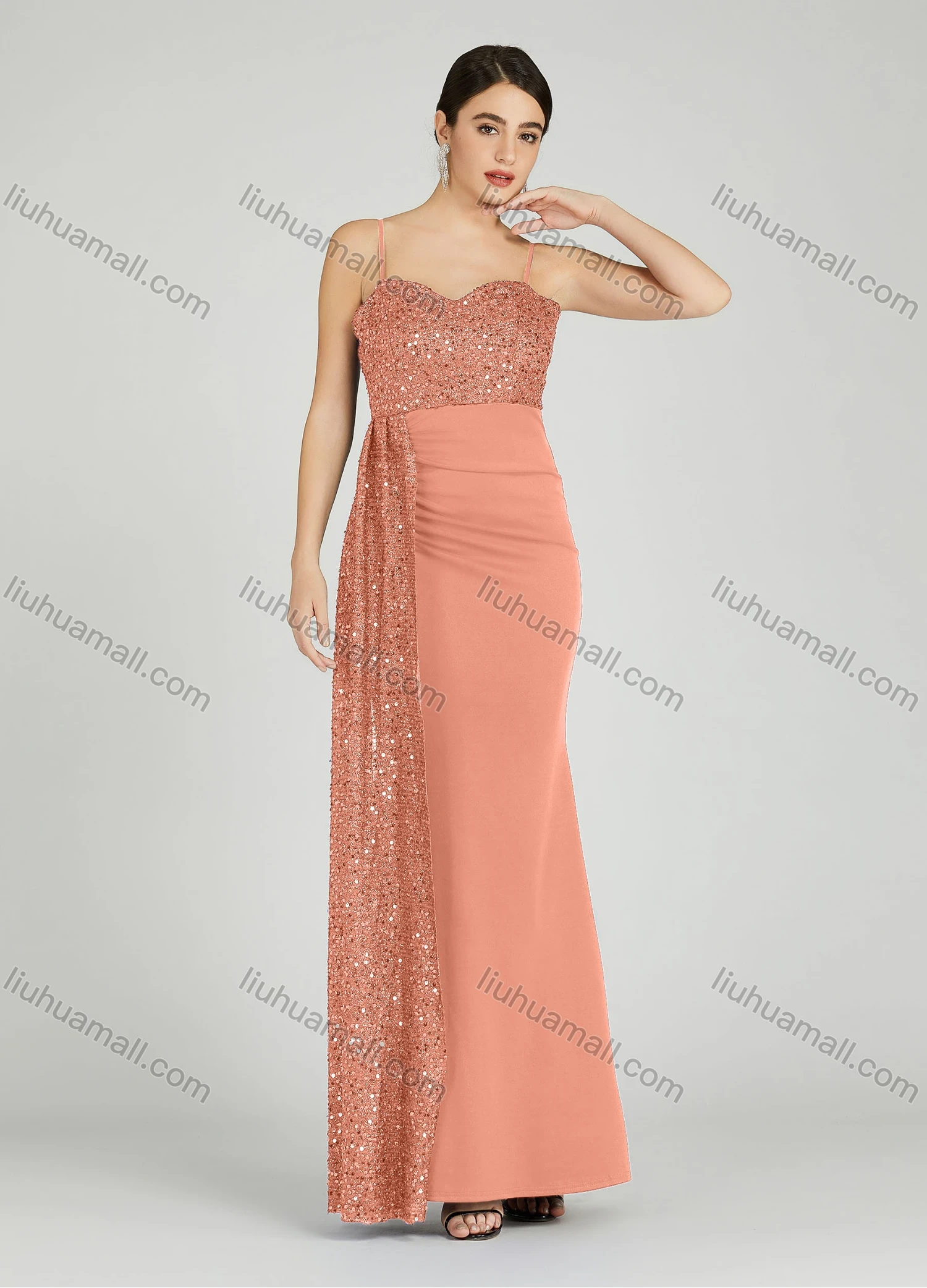 Wholesale Women's Elegant Sleeveless Spaghetti Strap Sequin Mermaid Evening Dress 5051# - Liuhuamall