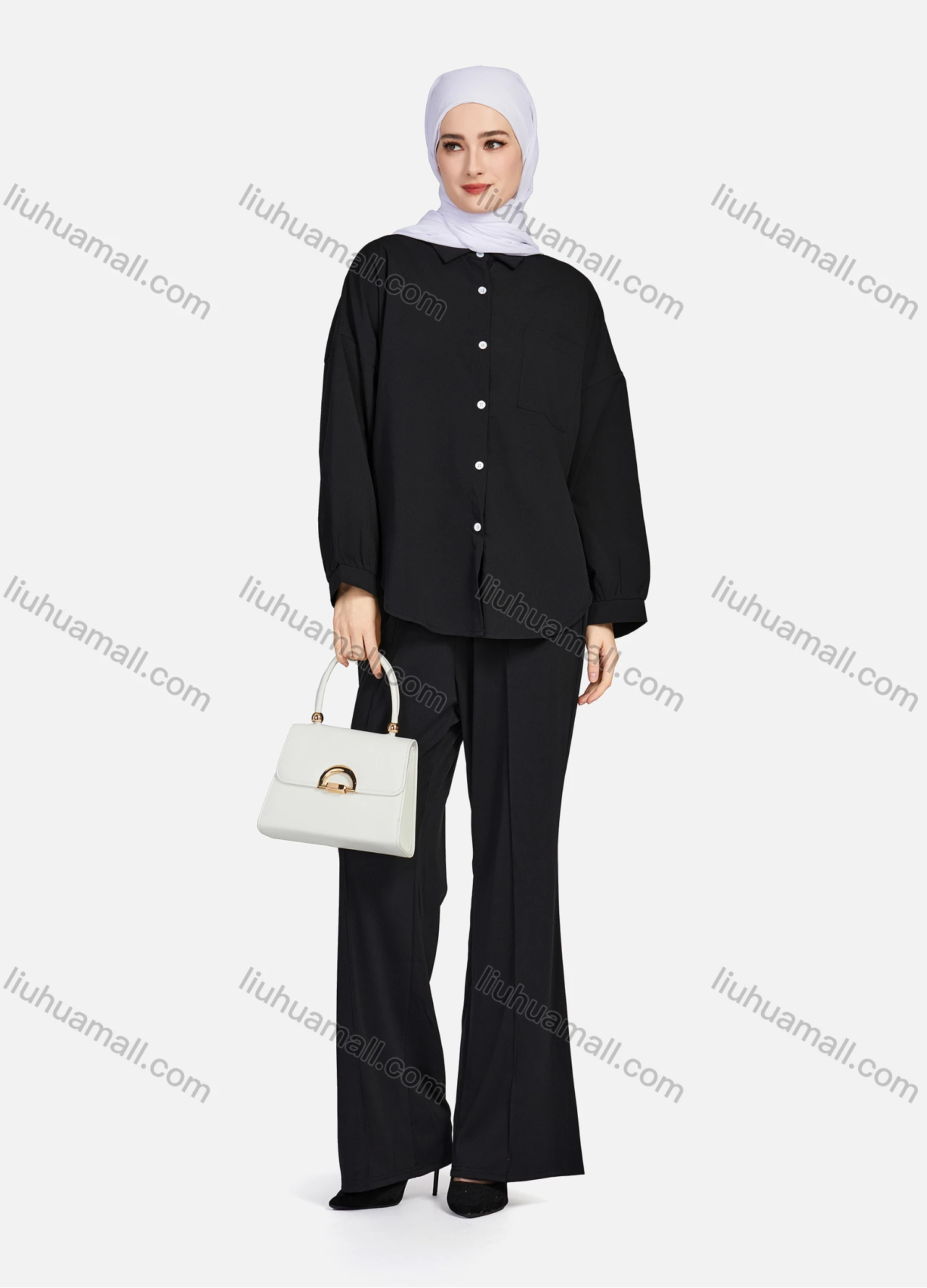 Wholesale Women's Casual Plain Collared Long Sleeve Curved Hem Pocket Button Down Top 1420# - Liuhuamall