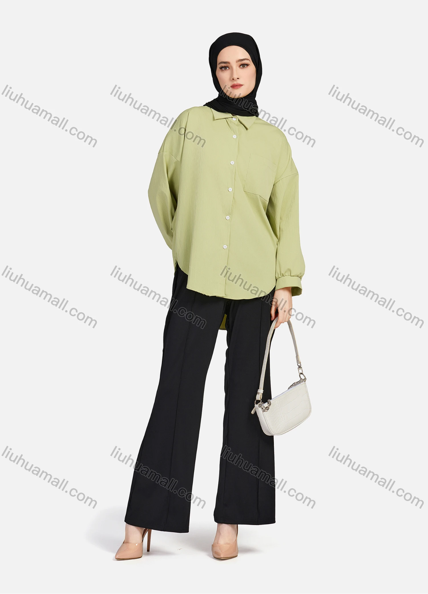 Wholesale Women's Casual Plain Collared Long Sleeve Curved Hem Pocket Button Down Top 1420# - Liuhuamall