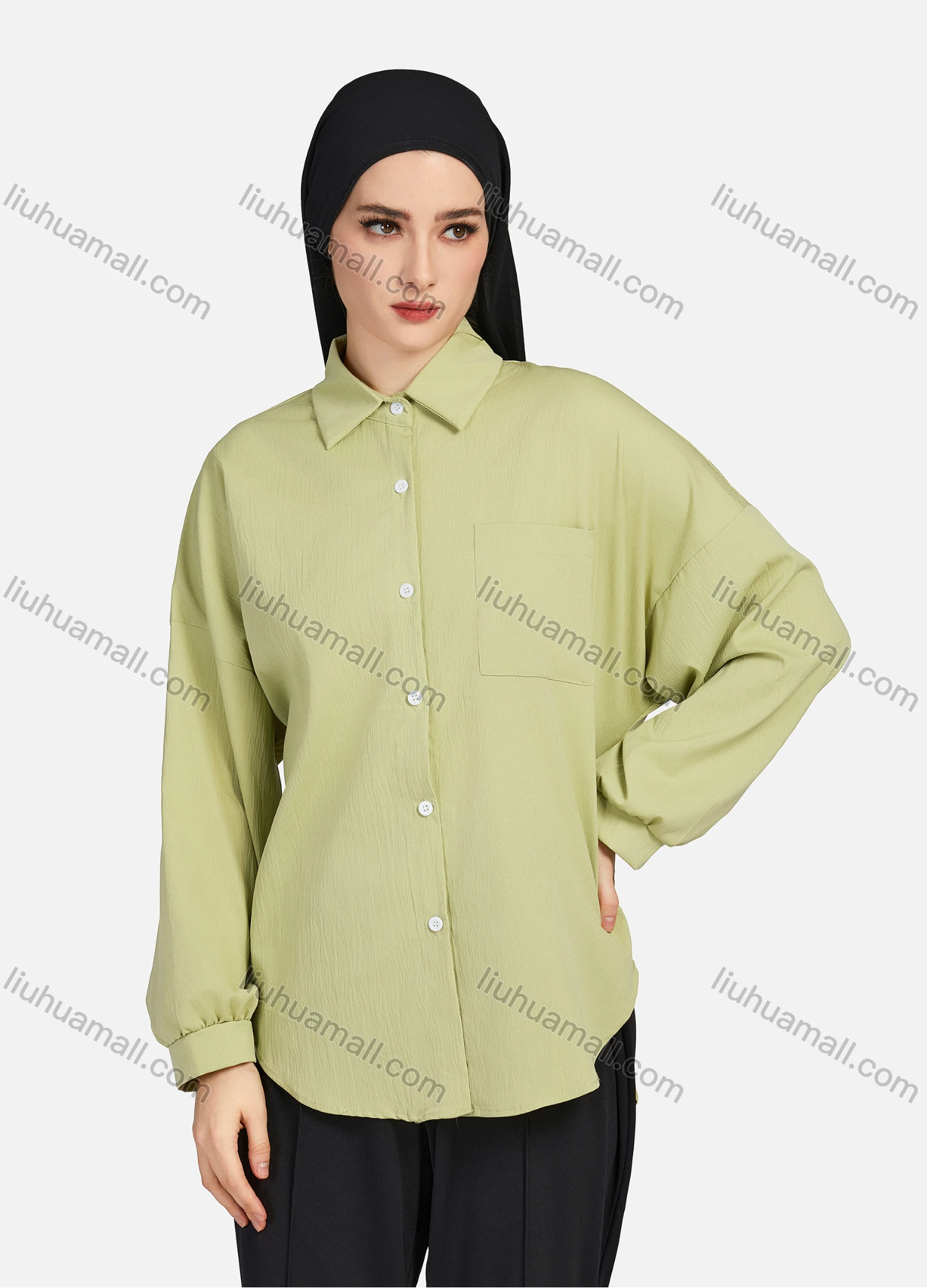 Wholesale Women's Casual Plain Collared Long Sleeve Curved Hem Pocket Button Down Top 1420# - Liuhuamall