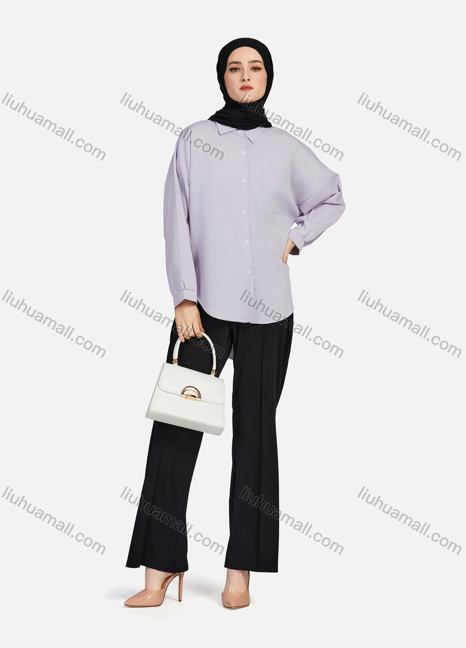 Wholesale Women's Casual Plain Collared Long Sleeve Curved Hem Pocket Button Down Top 1420# - Liuhuamall