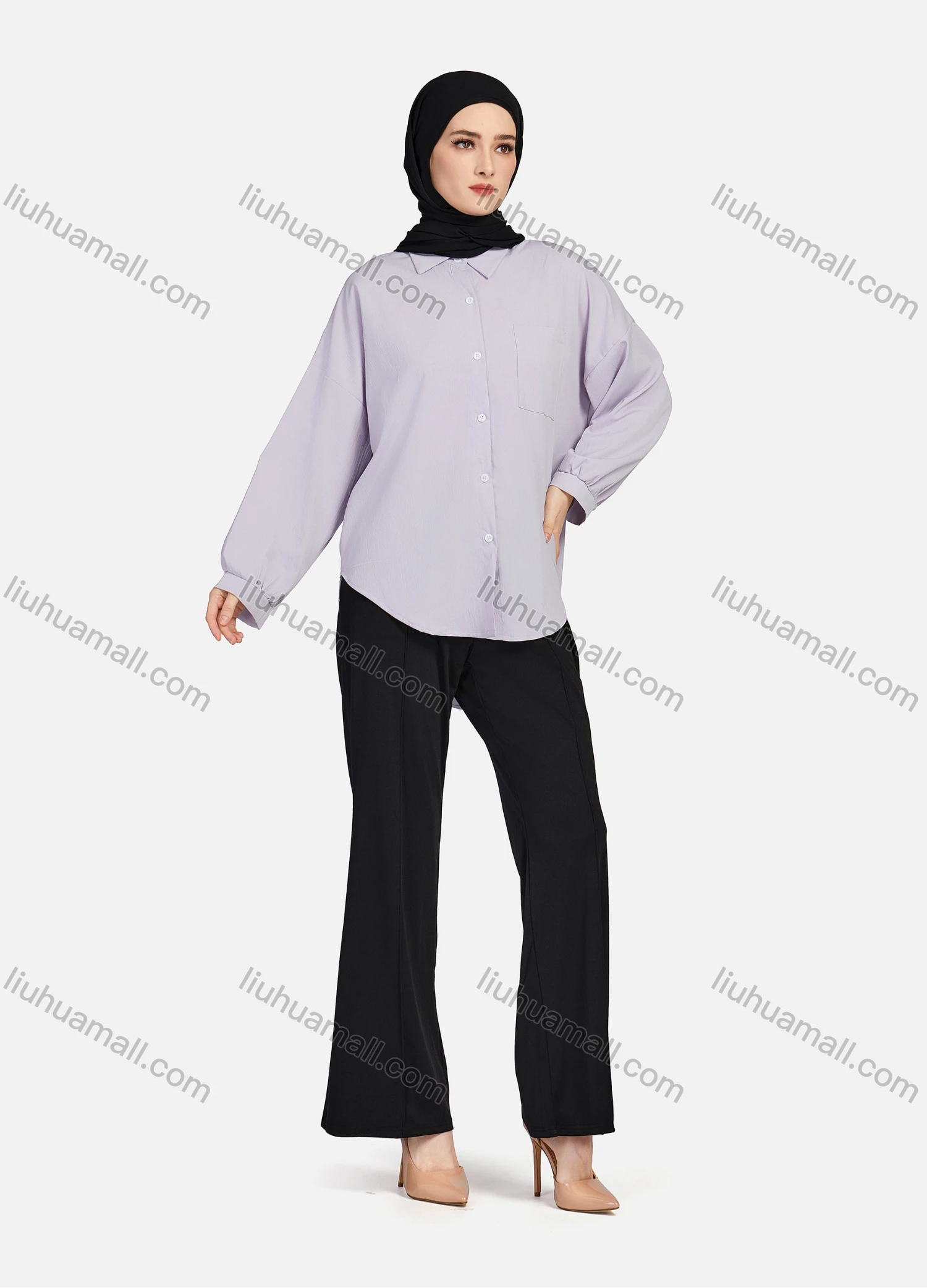 Wholesale Women's Casual Plain Collared Long Sleeve Curved Hem Pocket Button Down Top 1420# - Liuhuamall