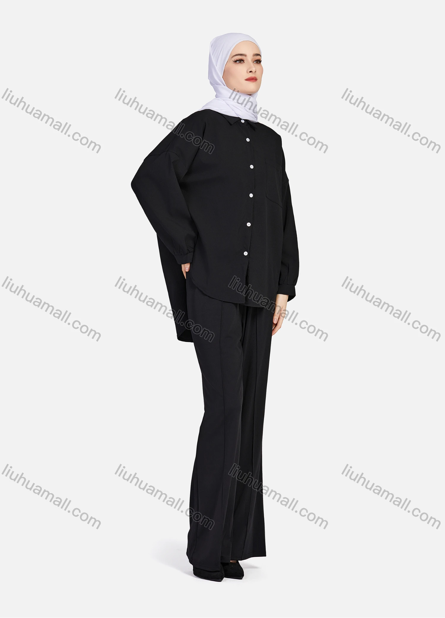 Wholesale Women's Casual Plain Collared Long Sleeve Curved Hem Pocket Button Down Top 1420# - Liuhuamall