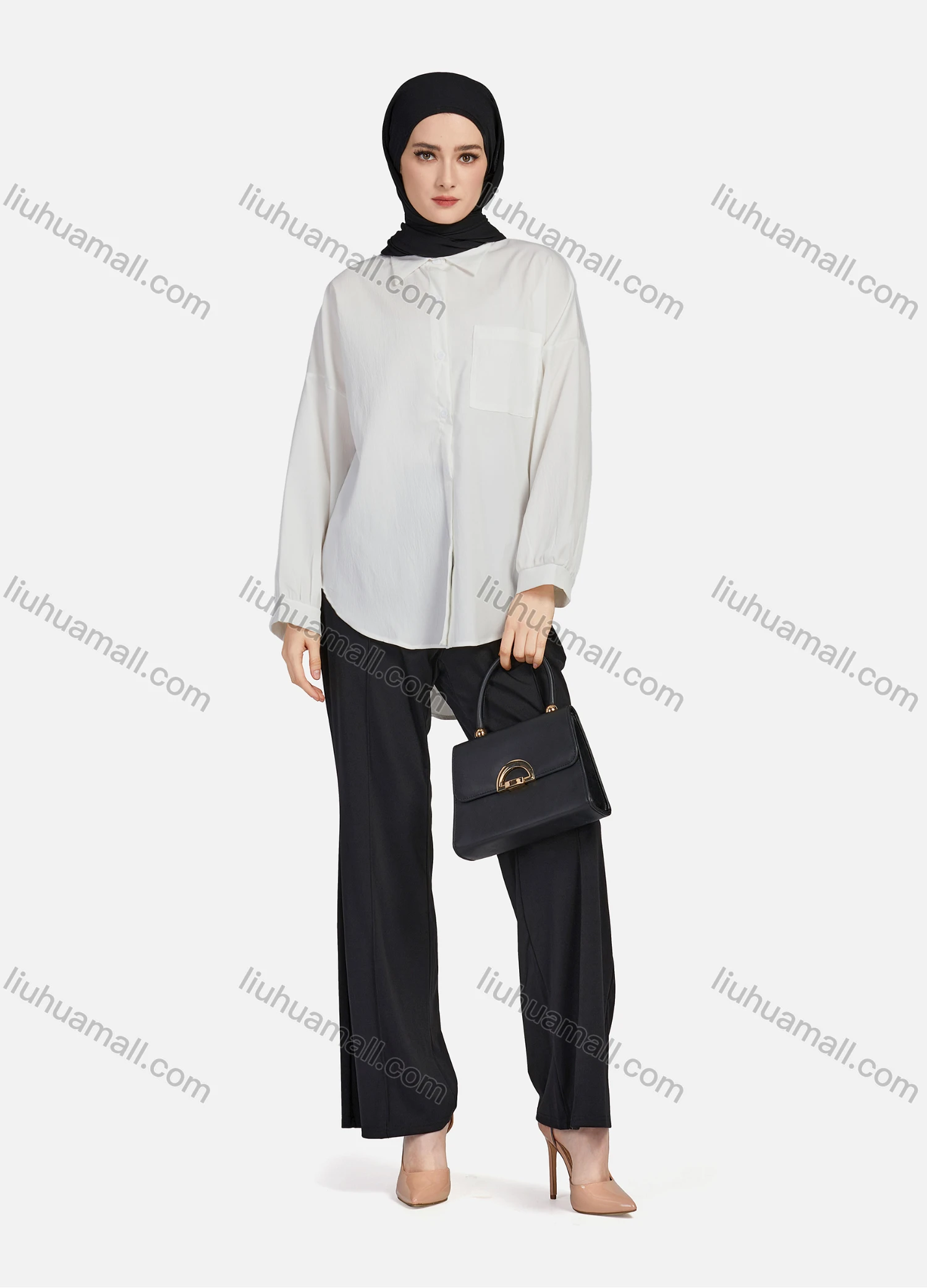 Wholesale Women's Casual Plain Collared Long Sleeve Curved Hem Pocket Button Down Top 1420# - Liuhuamall