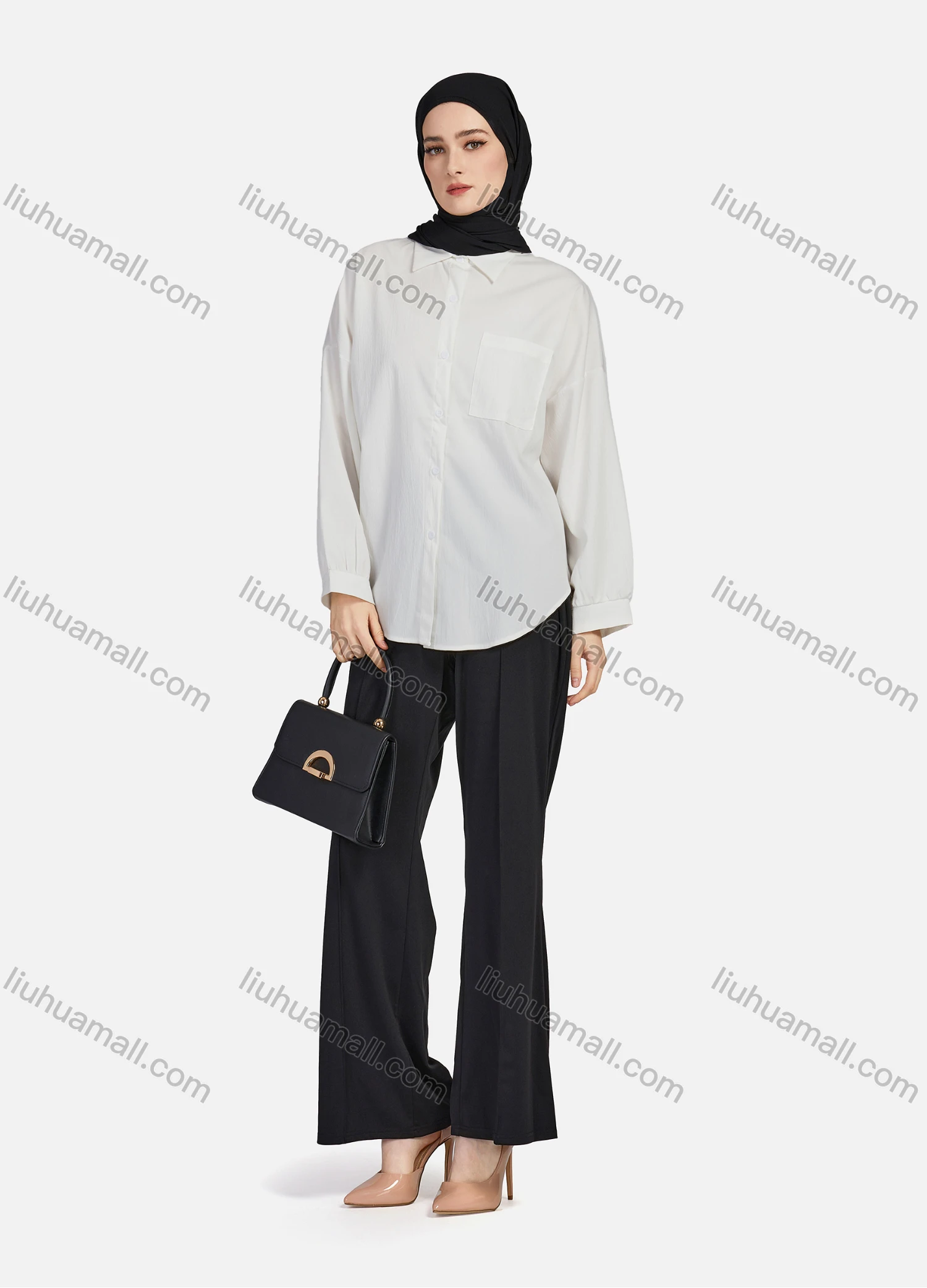 Wholesale Women's Casual Plain Collared Long Sleeve Curved Hem Pocket Button Down Top 1420# - Liuhuamall