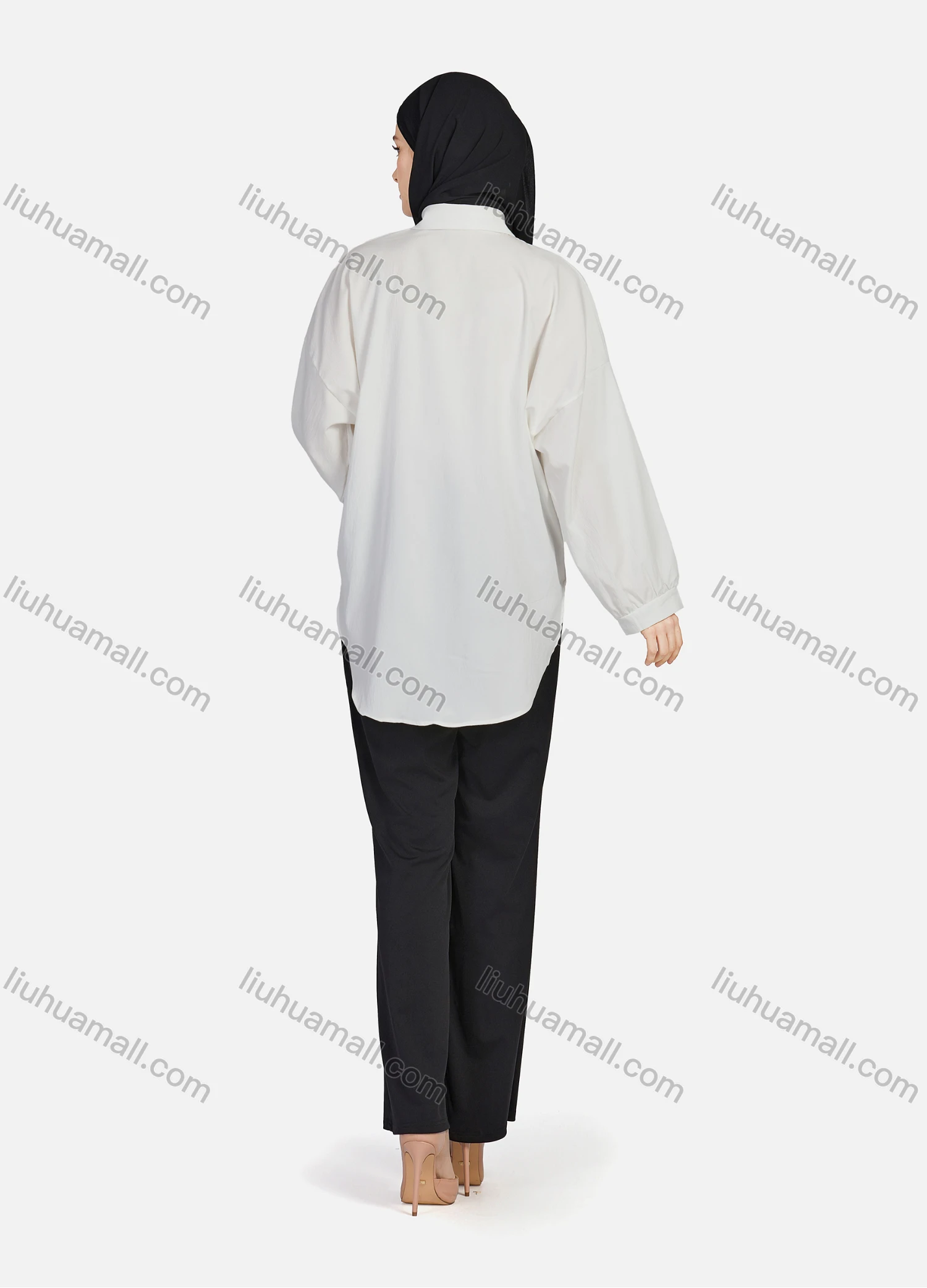 Wholesale Women's Casual Plain Collared Long Sleeve Curved Hem Pocket Button Down Top 1420# - Liuhuamall