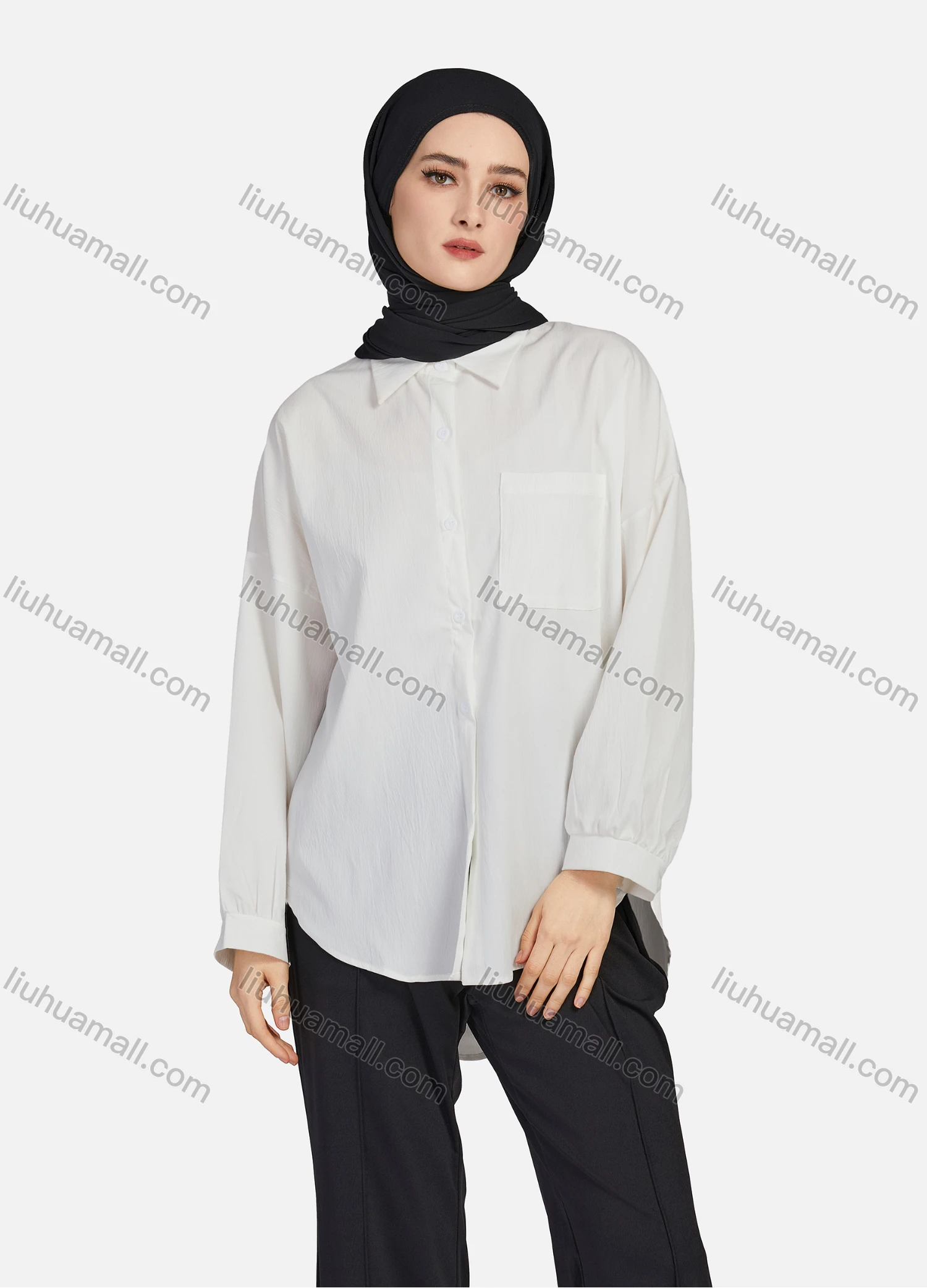 Wholesale Women's Casual Plain Collared Long Sleeve Curved Hem Pocket Button Down Top 1420# - Liuhuamall