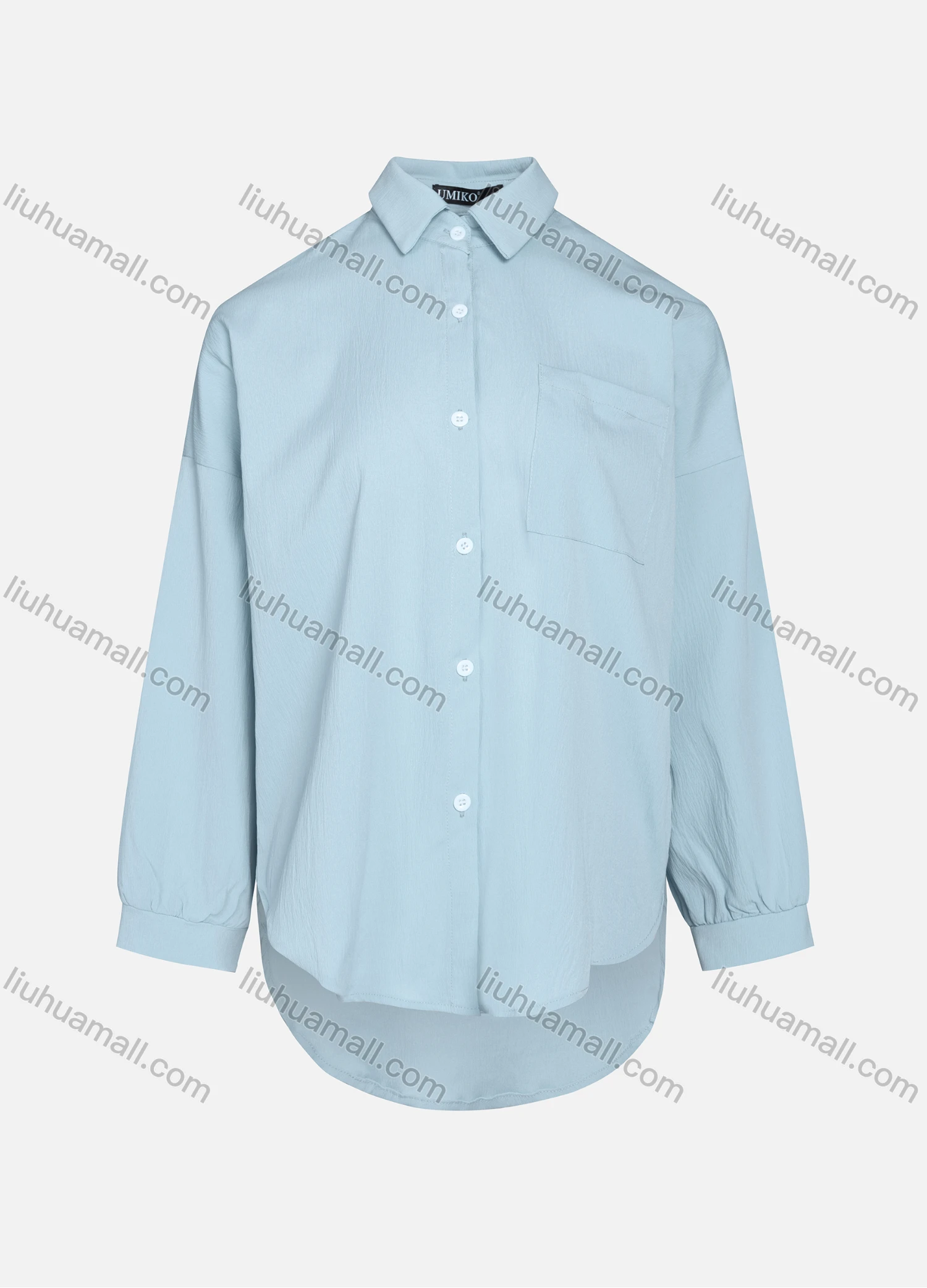 Wholesale Women's Casual Plain Collared Long Sleeve Curved Hem Pocket Button Down Top 1420# - Liuhuamall