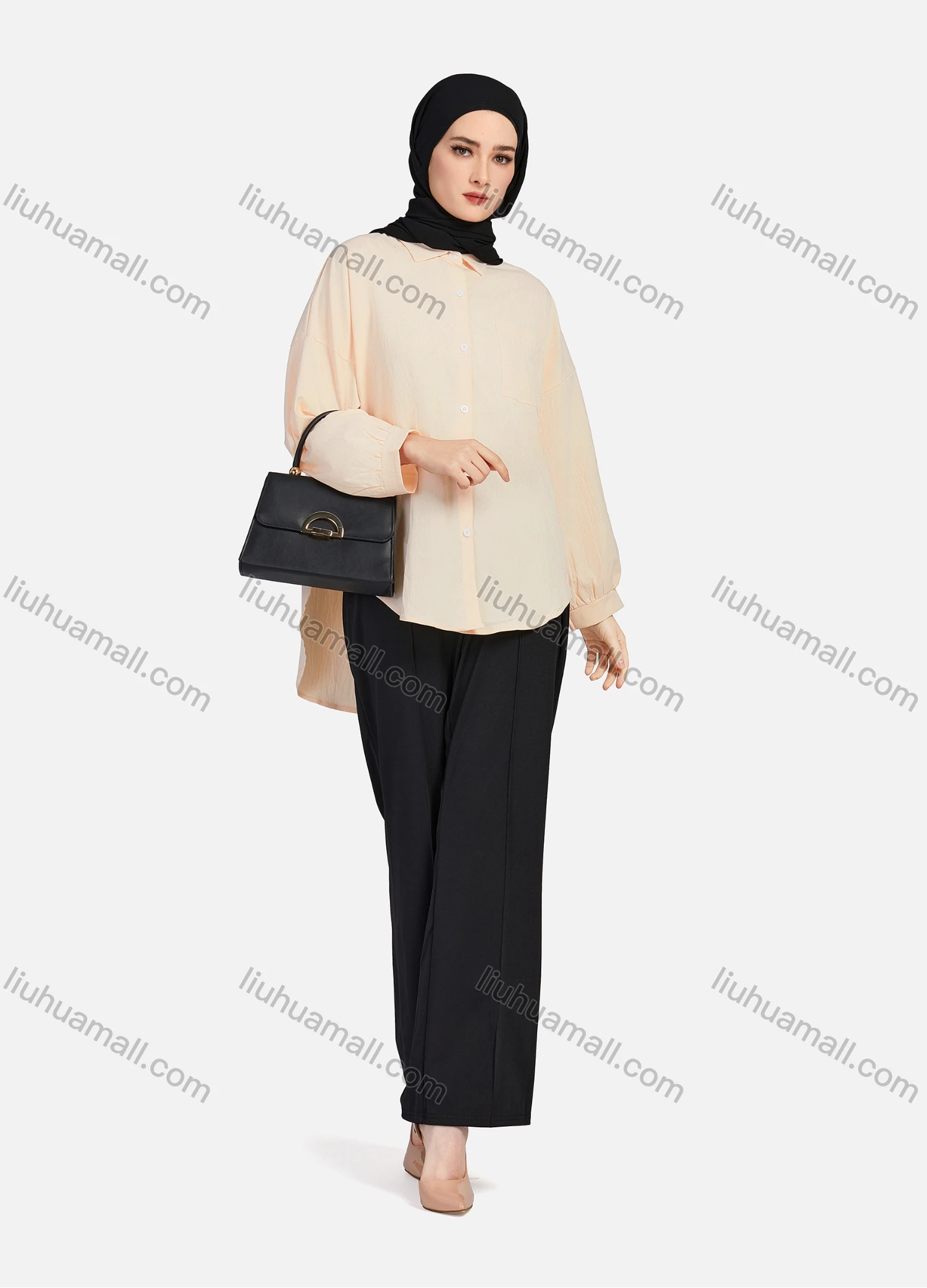 Wholesale Women's Casual Plain Collared Long Sleeve Curved Hem Pocket Button Down Top 1420# - Liuhuamall