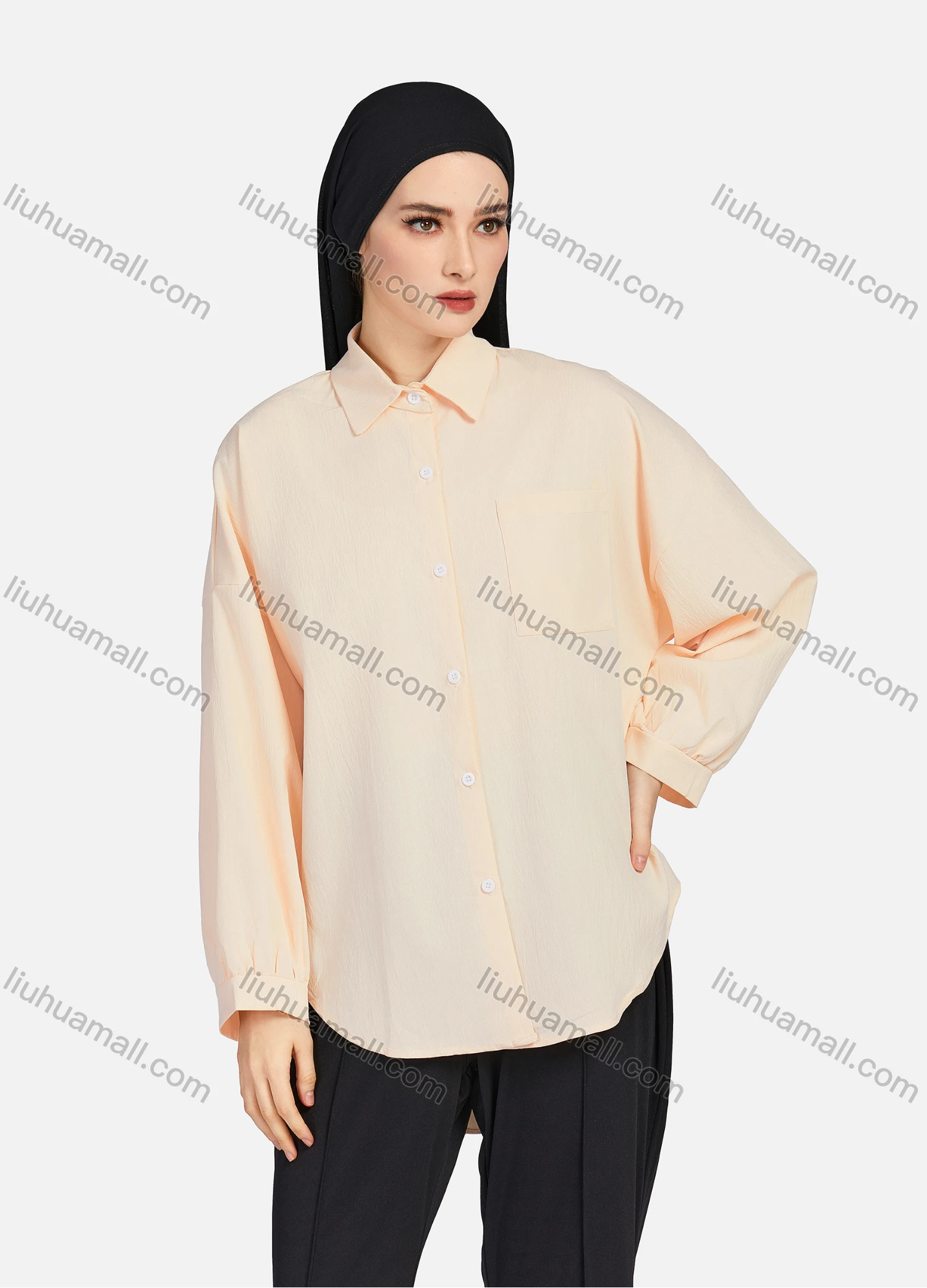 Wholesale Women's Casual Plain Collared Long Sleeve Curved Hem Pocket Button Down Top 1420# - Liuhuamall