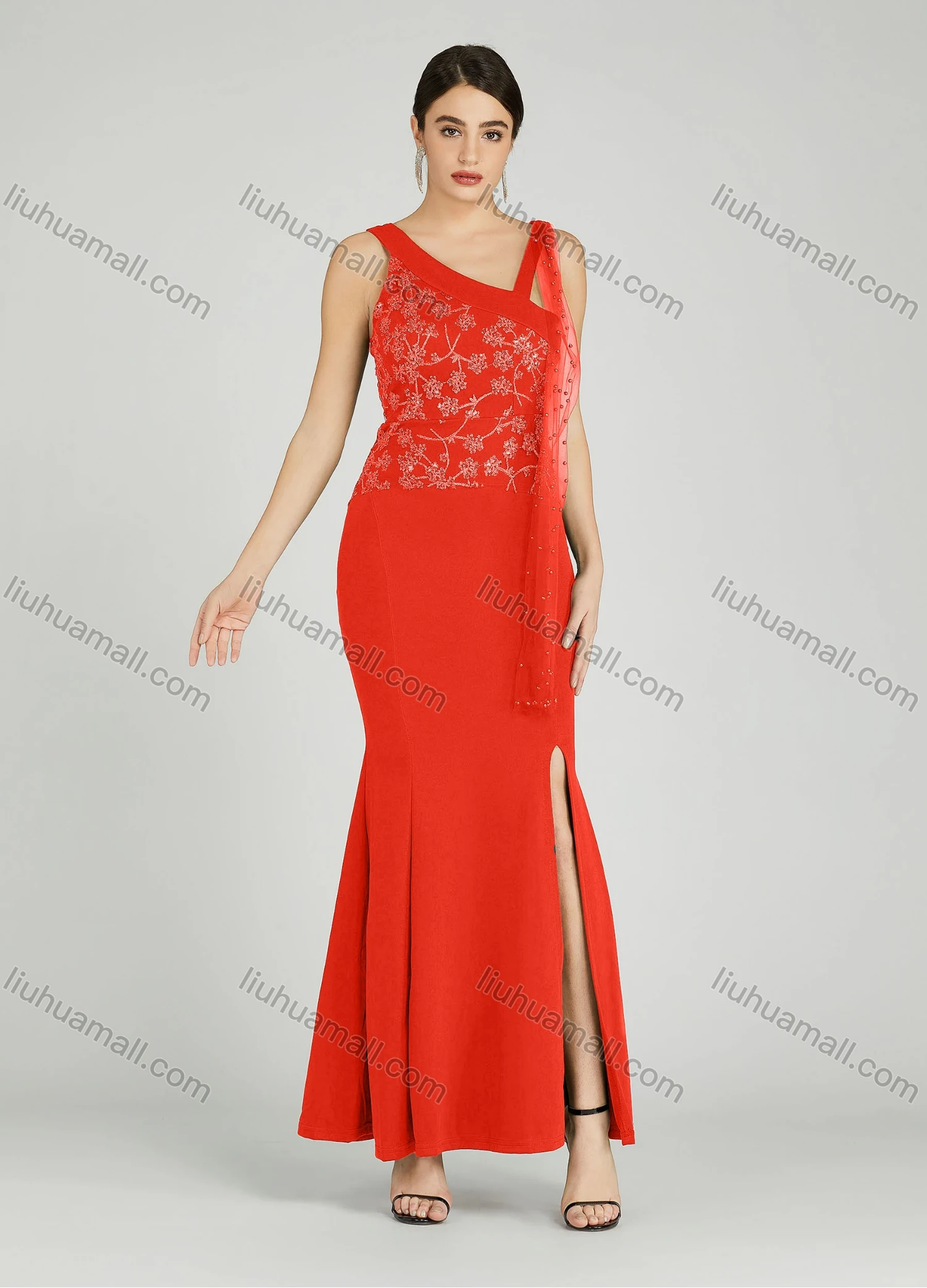 Wholesale Women's Elegant Slanted Shoulder Strap Sequin Applique Mermaid Split Hem Evening Dress 5033# - Liuhuamall
